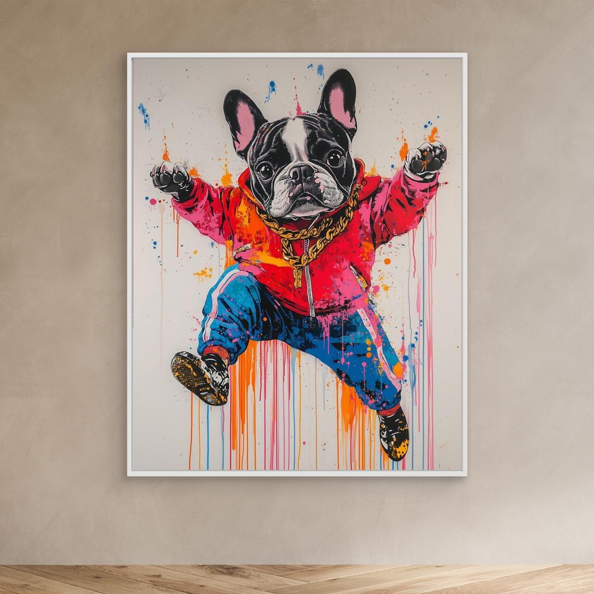 Frenchie Hip Hop Art - Canvas Wall Decor | Urban Dog Print - Framed Pop Art