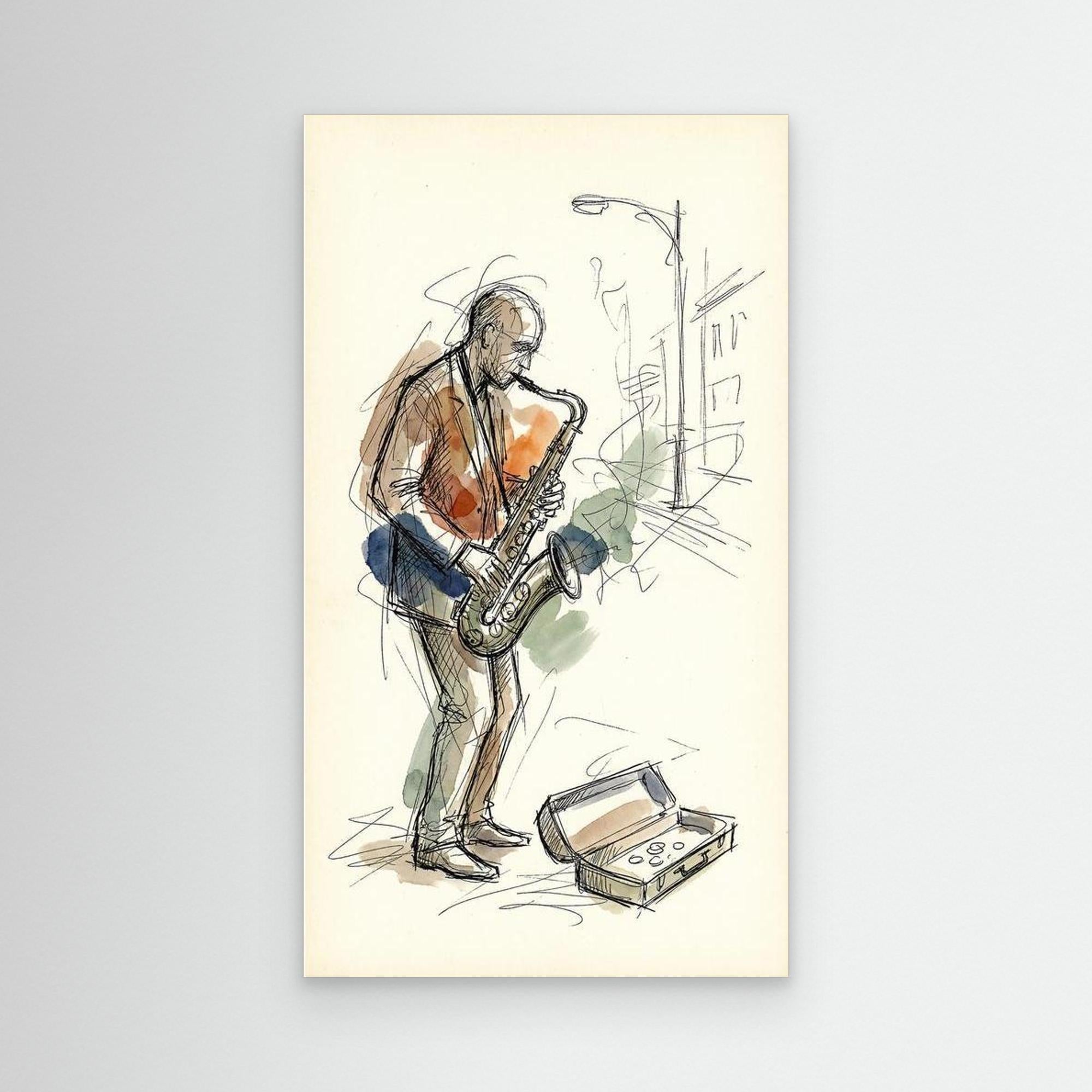 Saxophone Street Player Sketch Canvas Wall Art | Music Art - Framed Pop Art