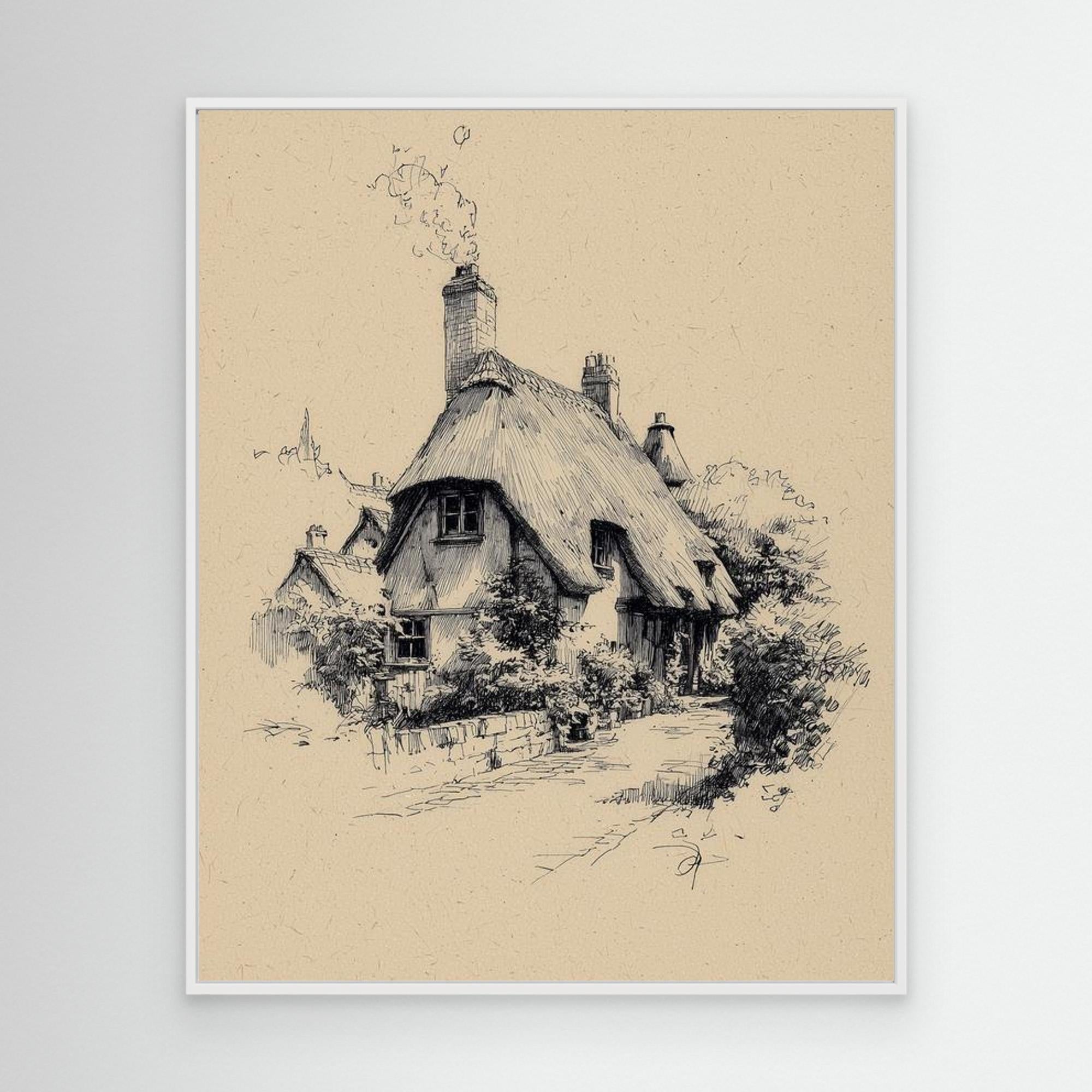 Vintage English Thatch Cottage Sketch | Framed Wall Art