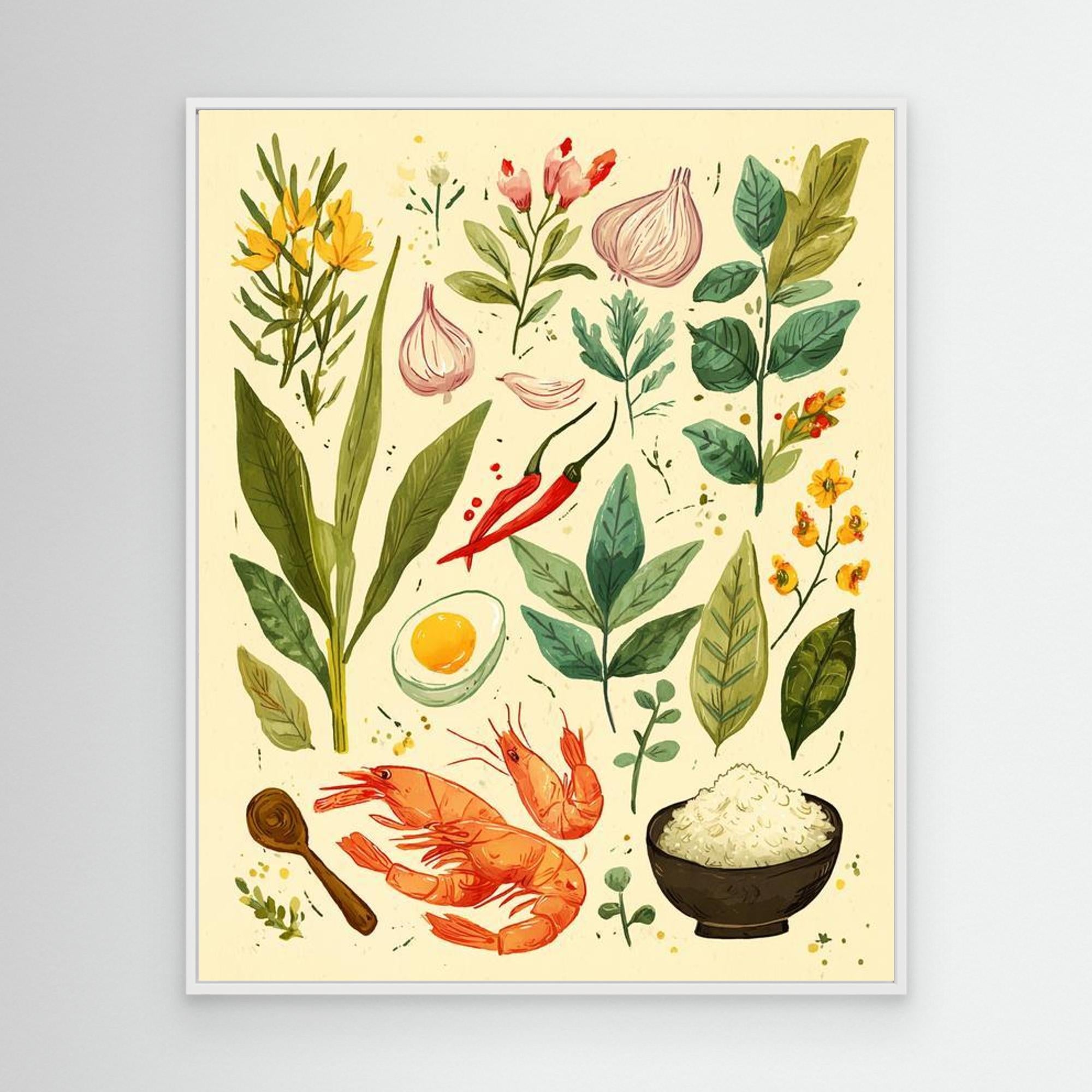 Herb & Prawn Kitchen Ingredients Canvas Print Art