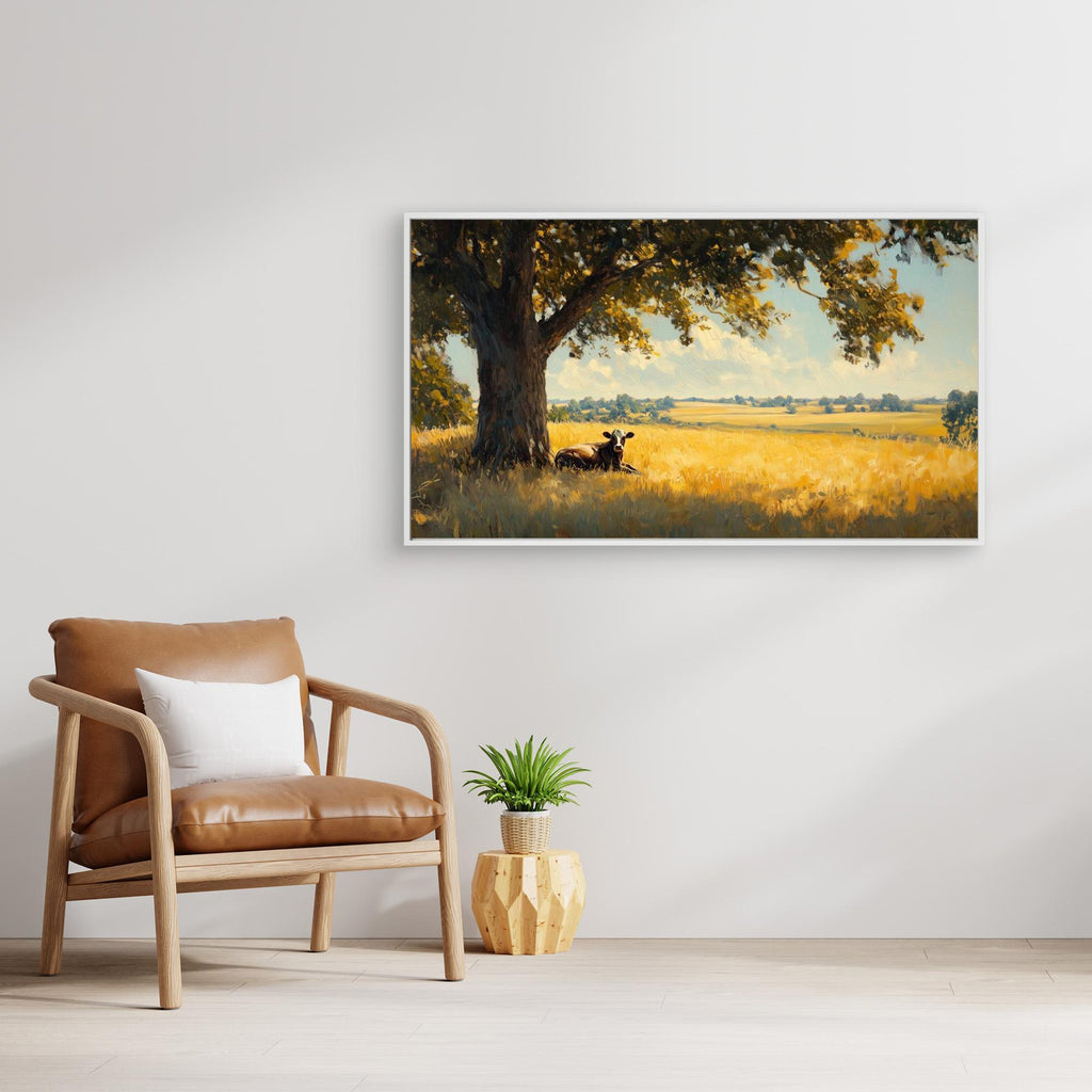 Cow in Sunlit Meadow Panoramic Canvas Wall Art Print - Framed Pop Art