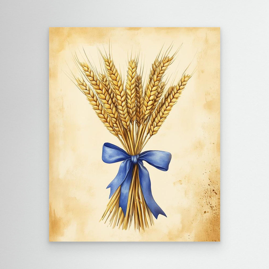 Golden Wheat Stalks Wall Art with Blue Ribbon | Rustic Decor