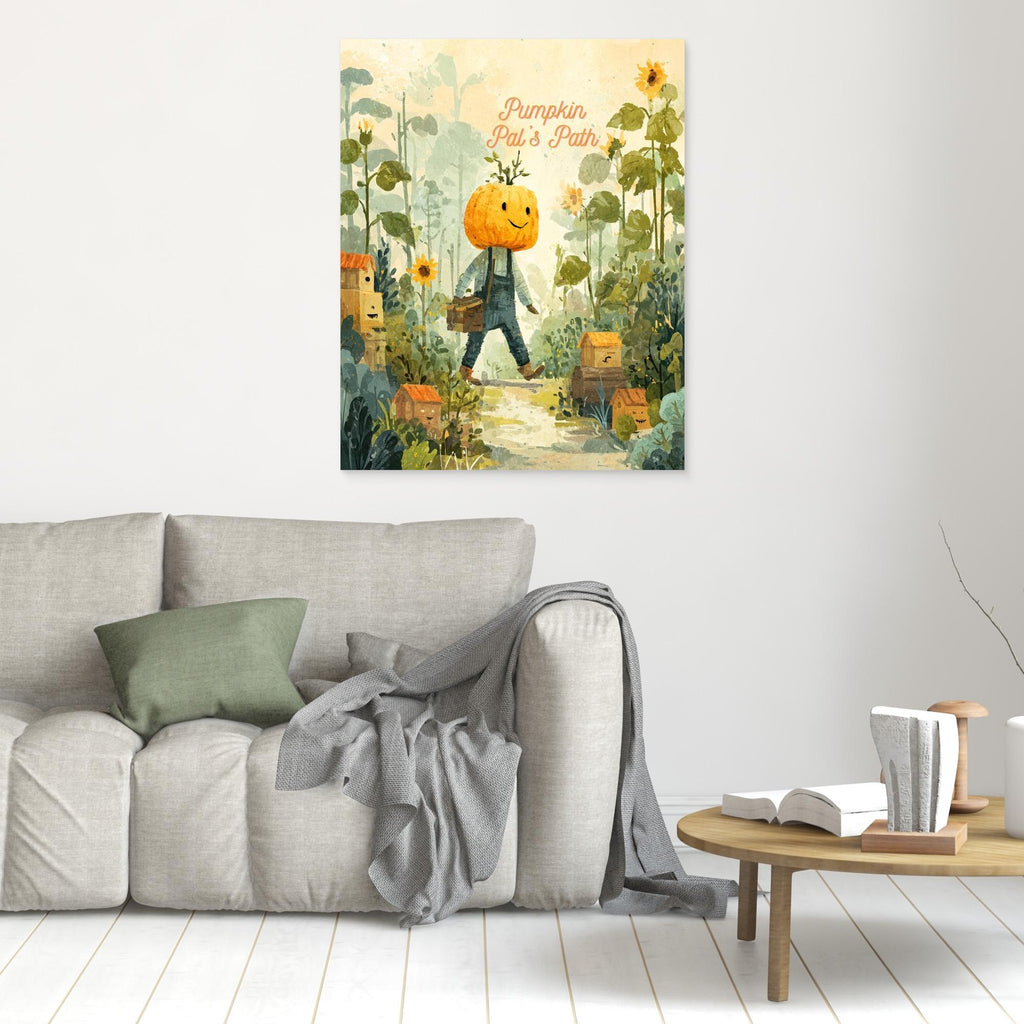 Pumpkin Pal’s Path Whimsical Autumn Canvas Wall Art - Framed Pop Art
