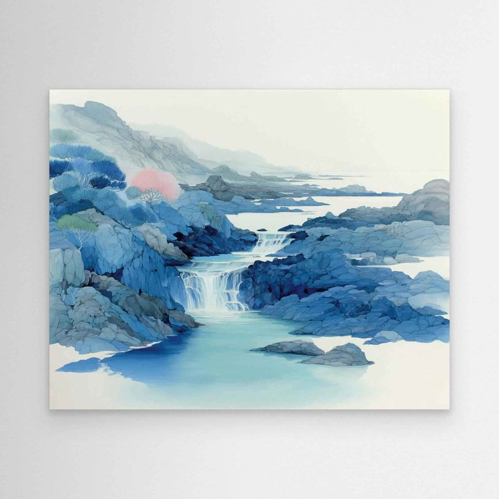 Calm Blue Waterfall Framed Canvas Wall Art - Framed Pop Art