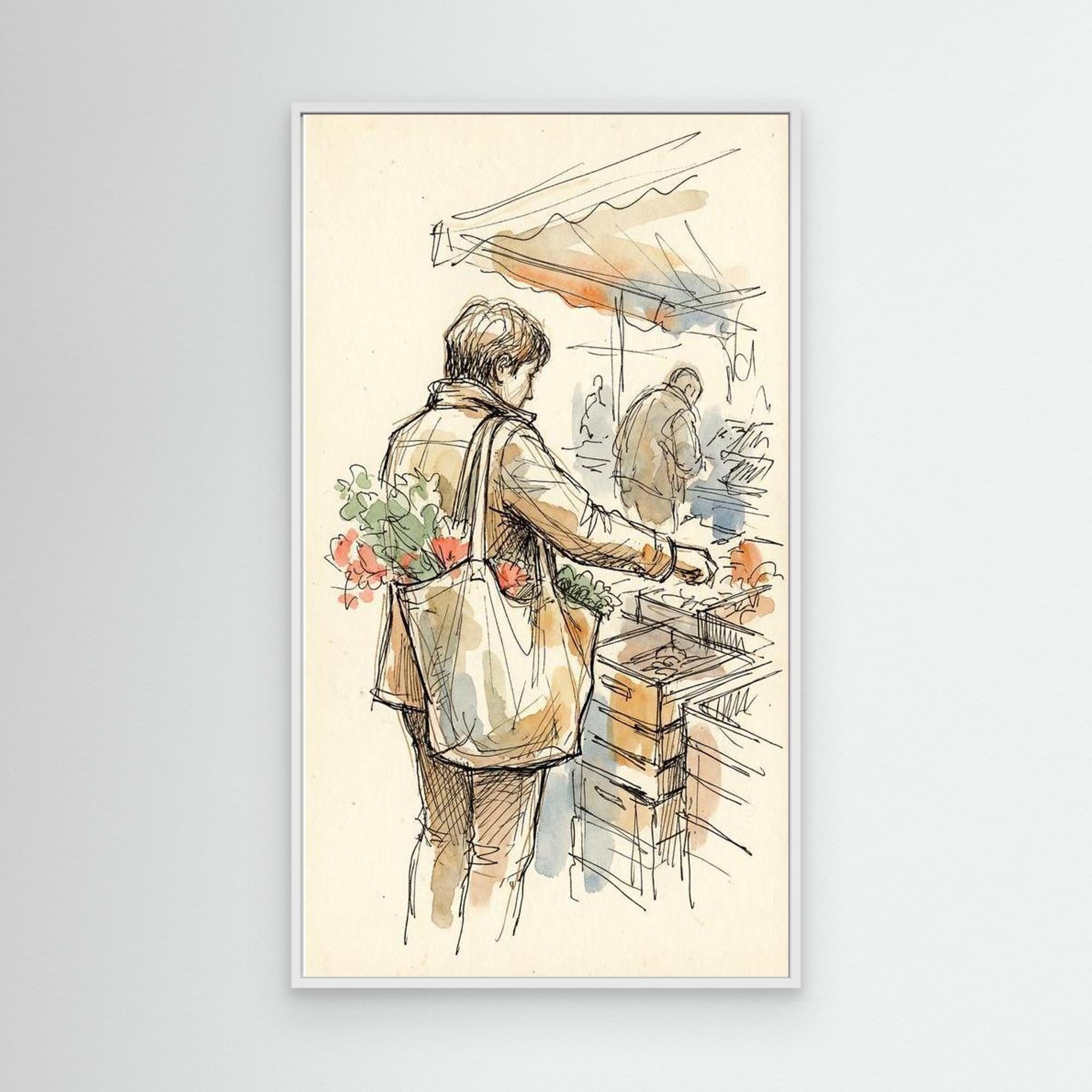 European Market Scene Framed Canvas Wall Art | Sketch Style - Framed Pop Art