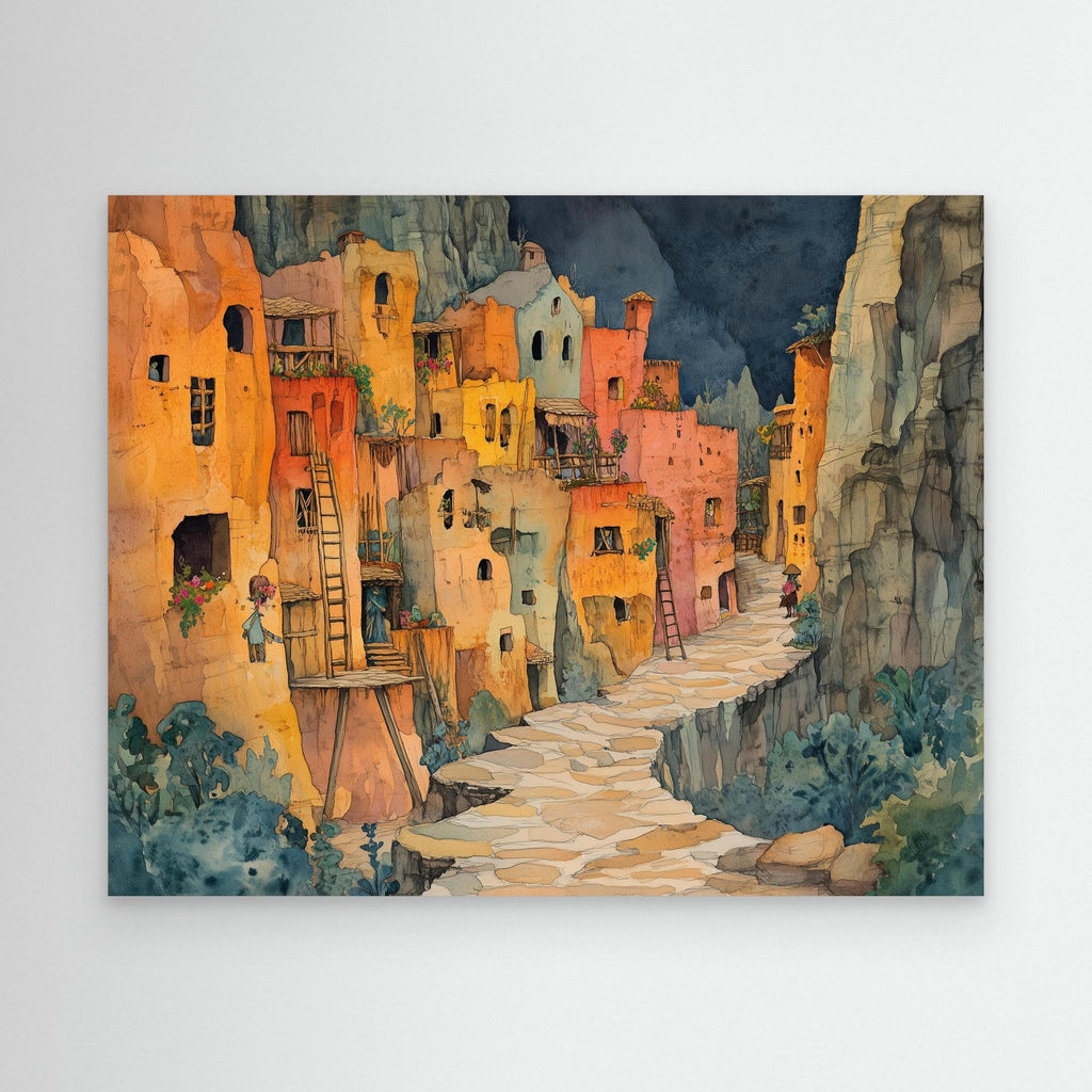 Watercolour Cliffside Village Canvas Print Hallway Art - Framed Pop Art