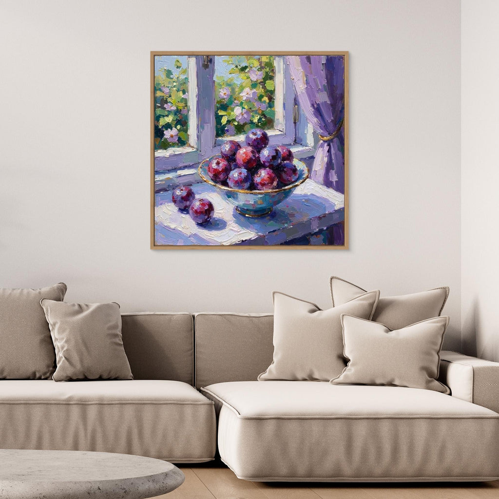 Purple Plum Still Life Canvas | Kitchen & Hallway Wall Art - Framed Pop Art