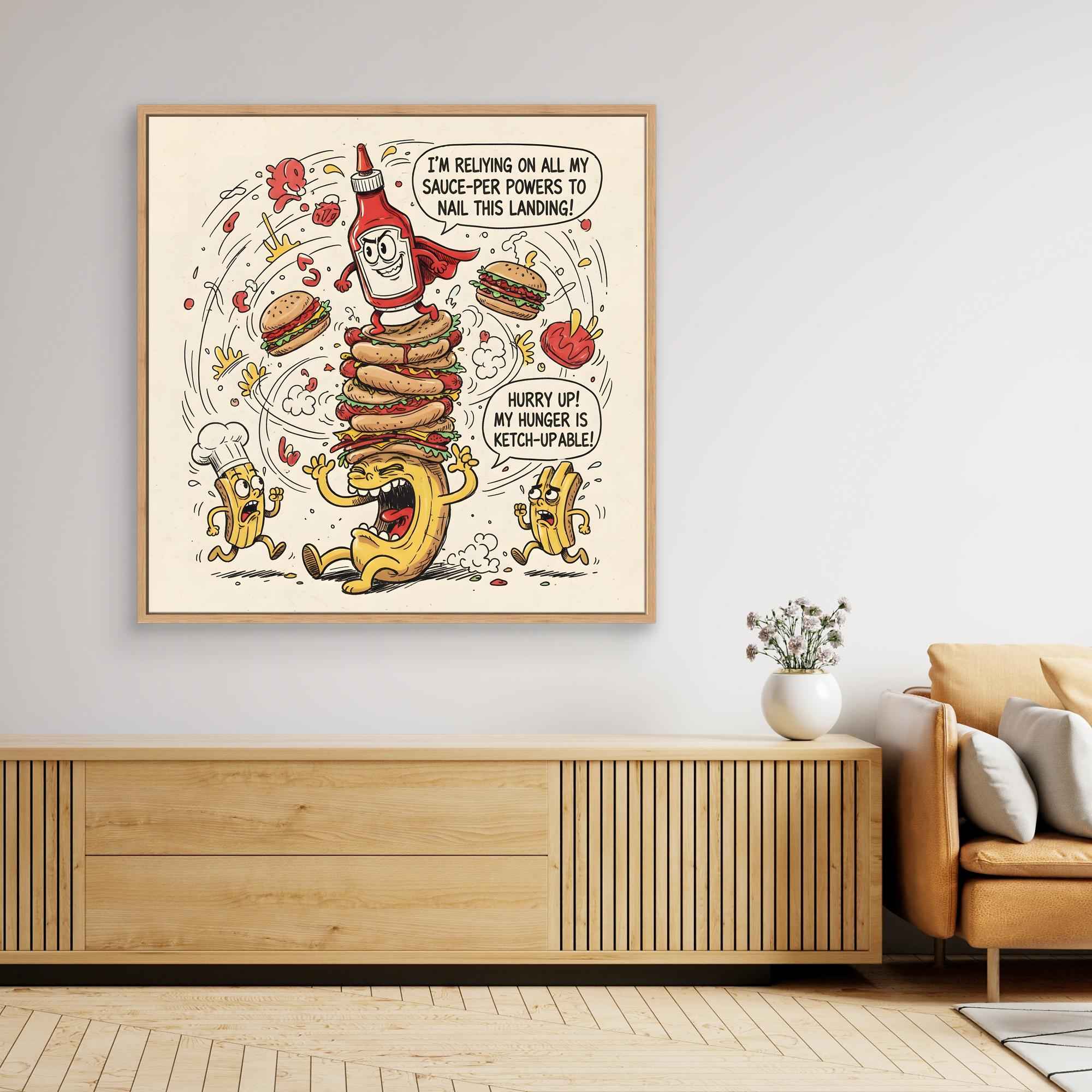 Funny Ketchup Burger Canvas Wall Art - Framed Pop Art