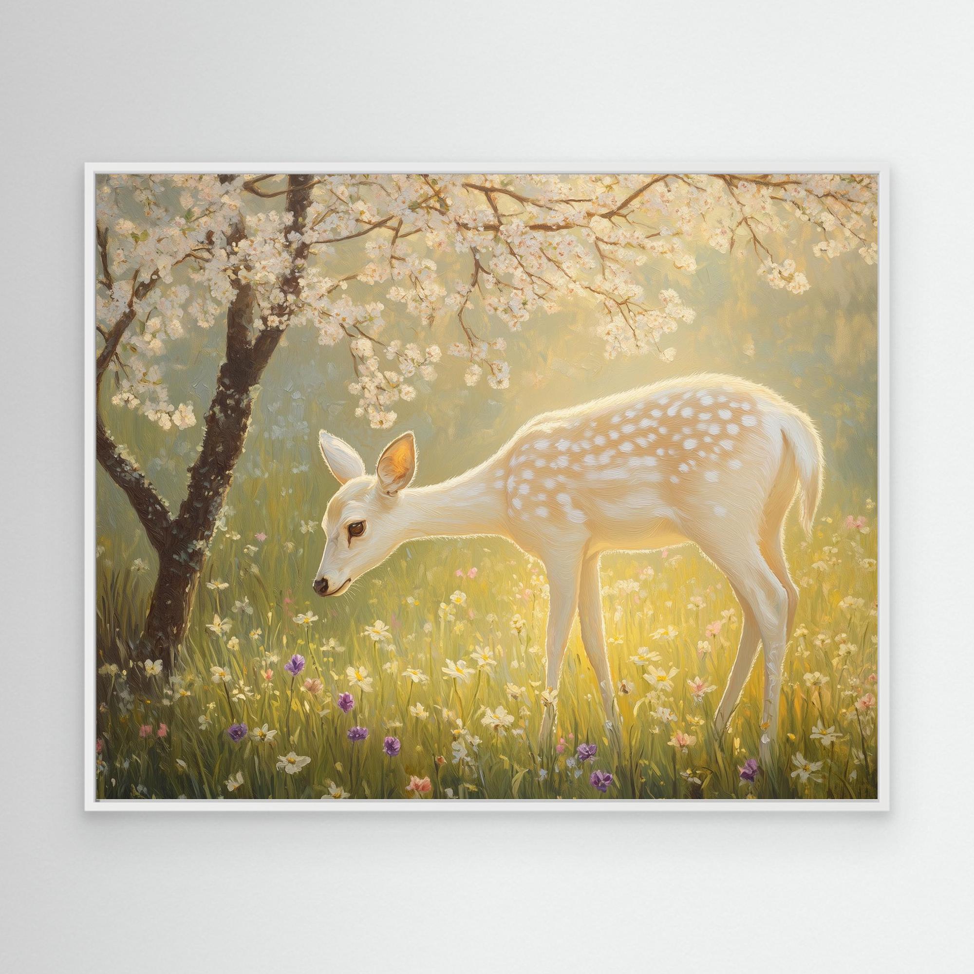 Enchanted White Fawn & Cherry Blossom Canvas Wall Art - Framed Pop Art