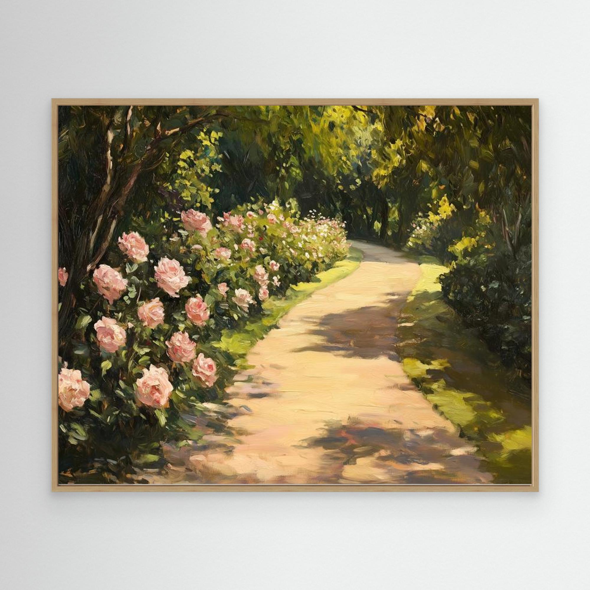 Pink Rose Garden Oil Painting - Romantic Floral Bedroom Decor