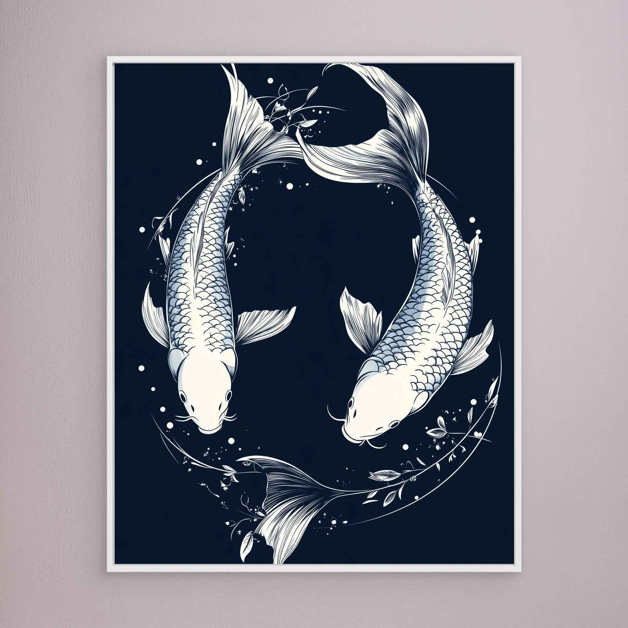 Koi Yin Yang Navy Canvas Wall Art - Framed Pop Art