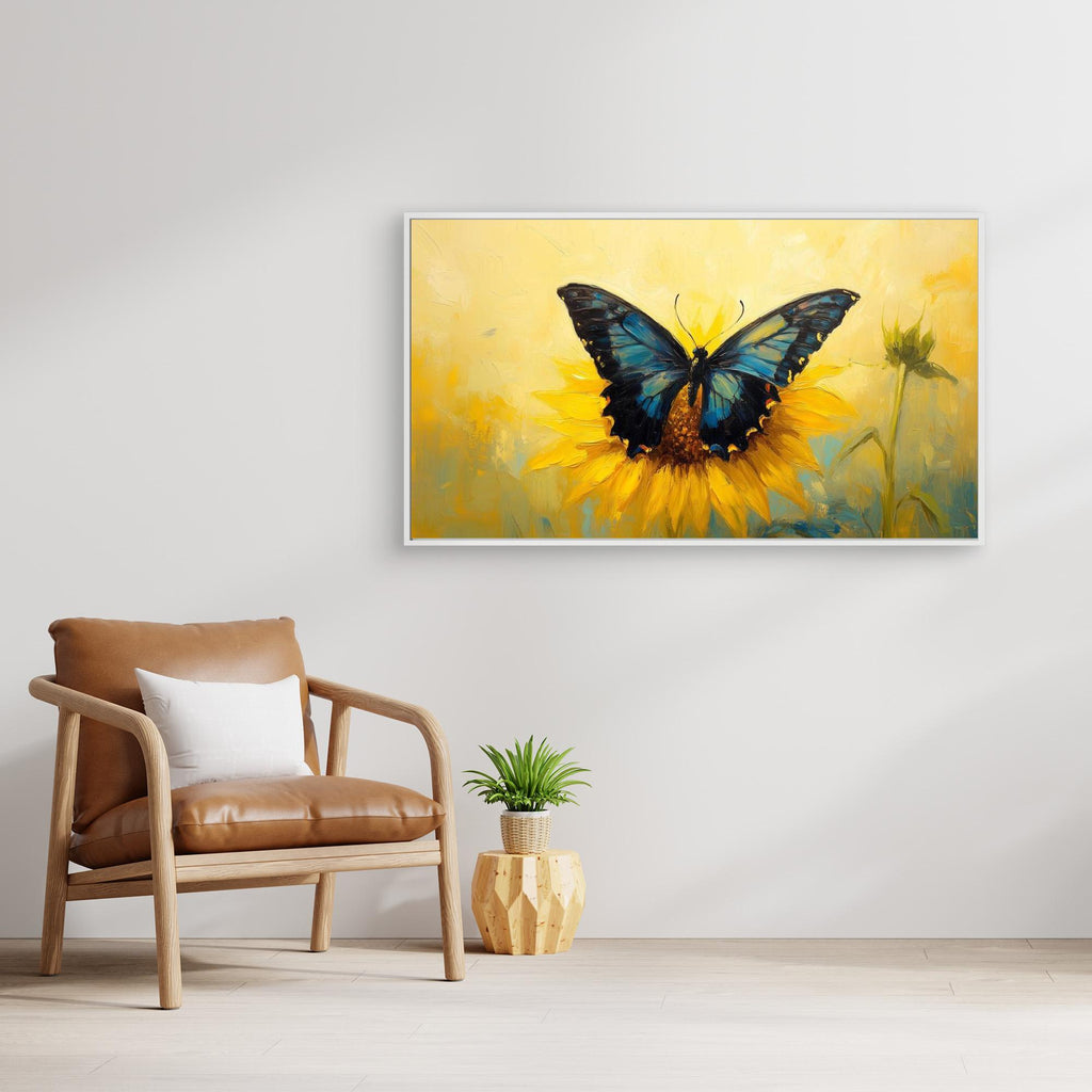 Blue Butterfly & Sunflower Canvas Wall Art | Framed Print - Framed Pop Art