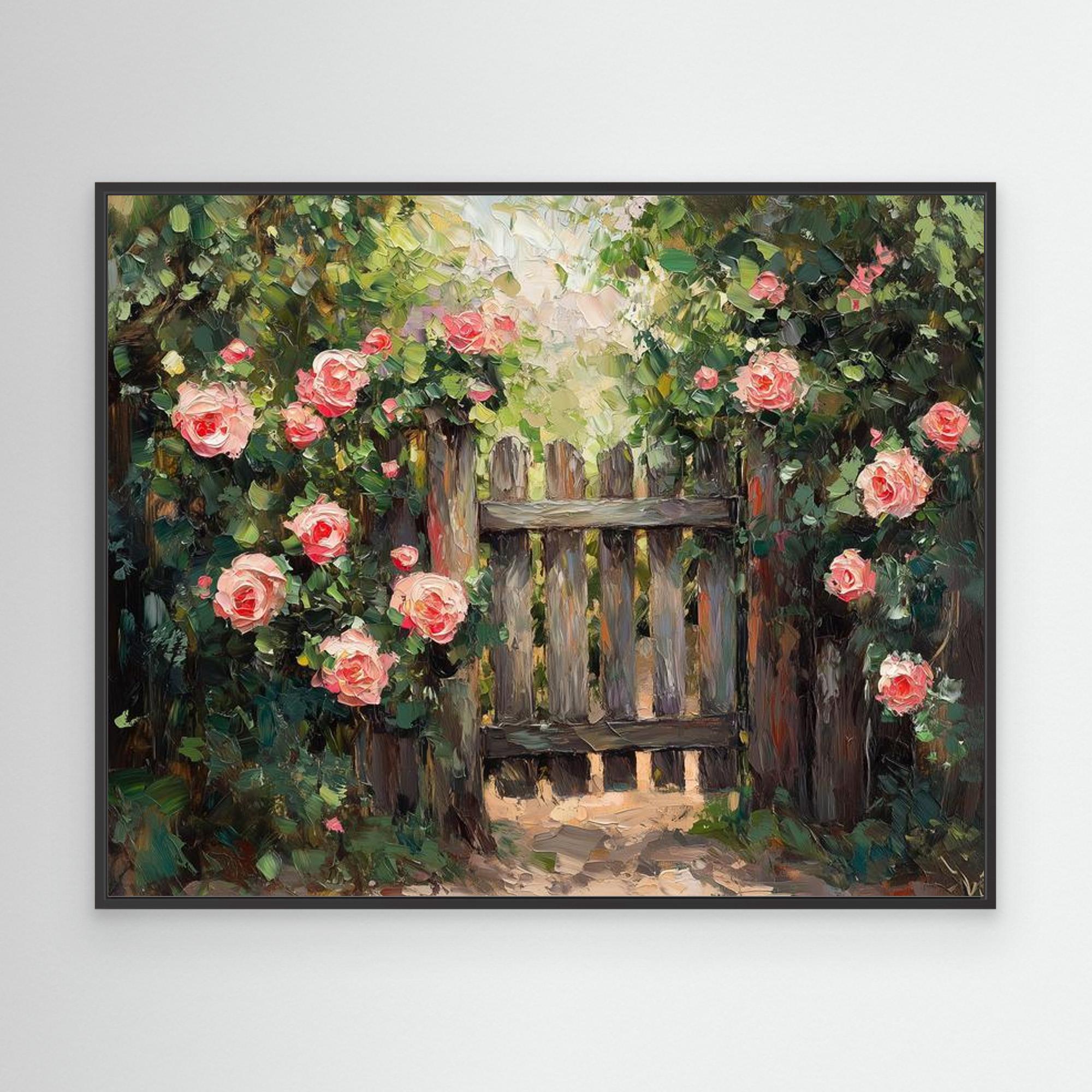Pink Rose Garden Gate Canvas Wall Art | Floral Oil Painting