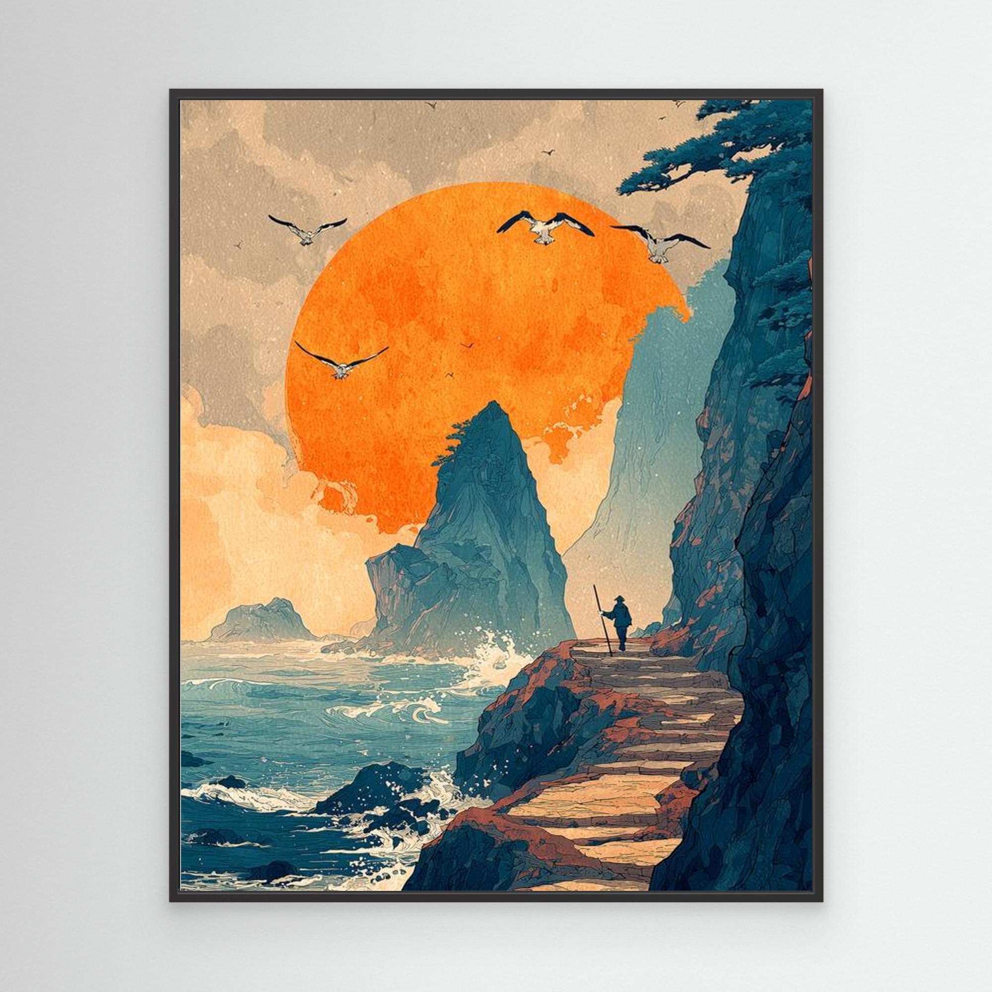 Dramatic Sunset Clifftop Seascape Framed Canvas Art - Framed Pop Art