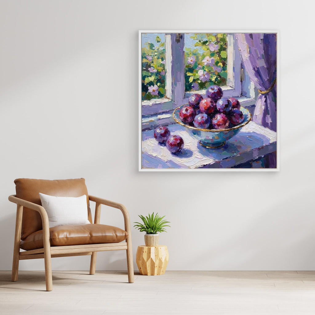 Purple Plum Still Life Canvas | Kitchen & Hallway Wall Art - Framed Pop Art