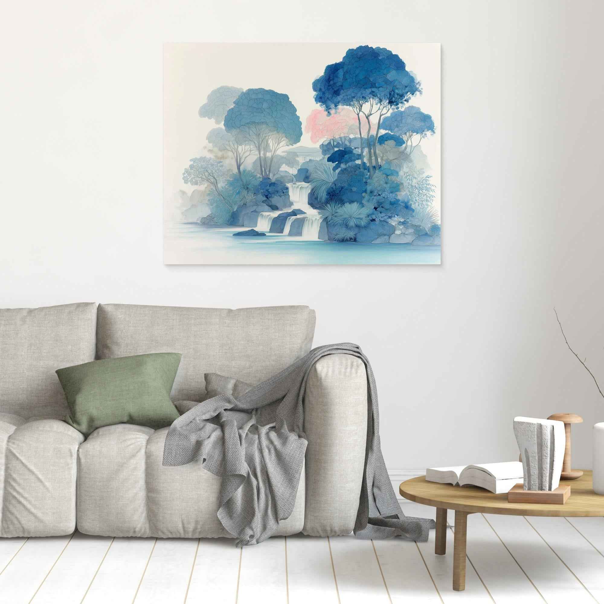 Blue Waterfall Forest Canvas Wall Art Print - Framed Pop Art