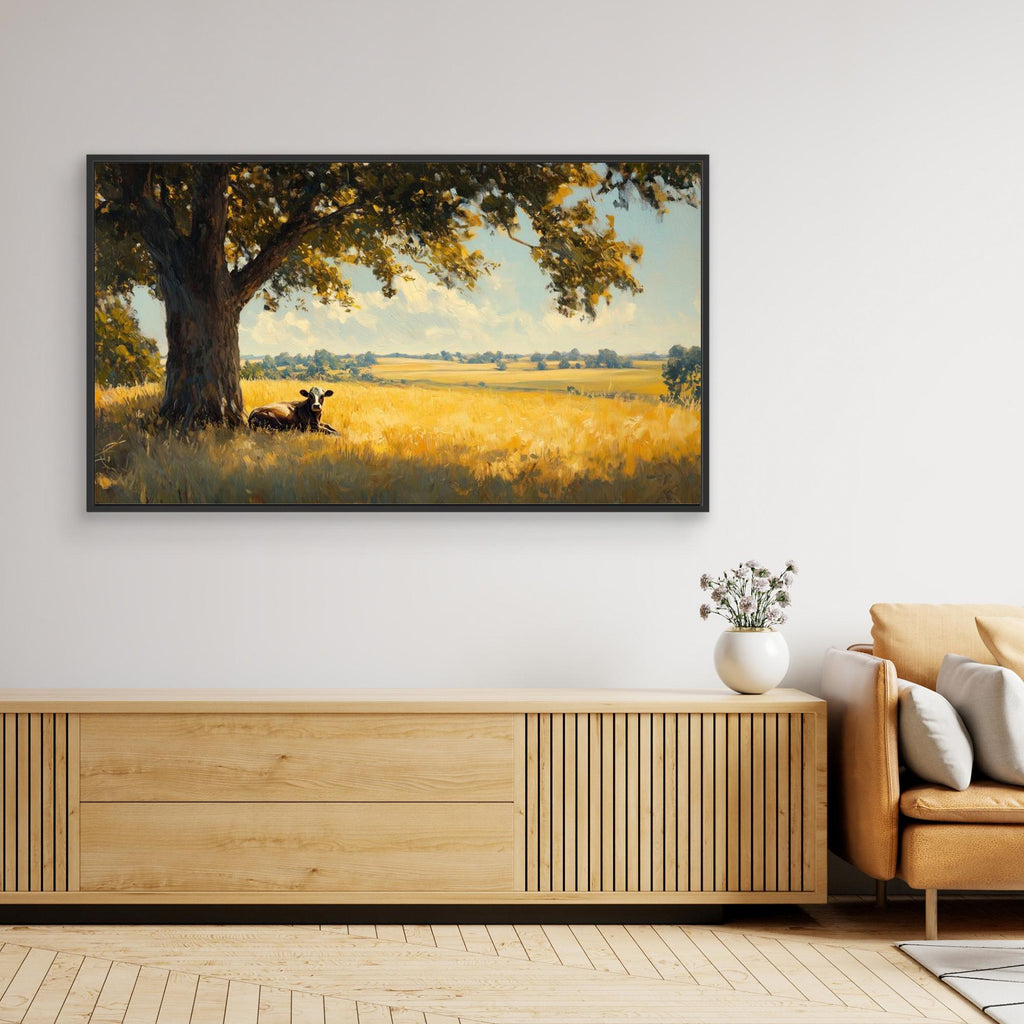 Cow in Sunlit Meadow Panoramic Canvas Wall Art Print - Framed Pop Art