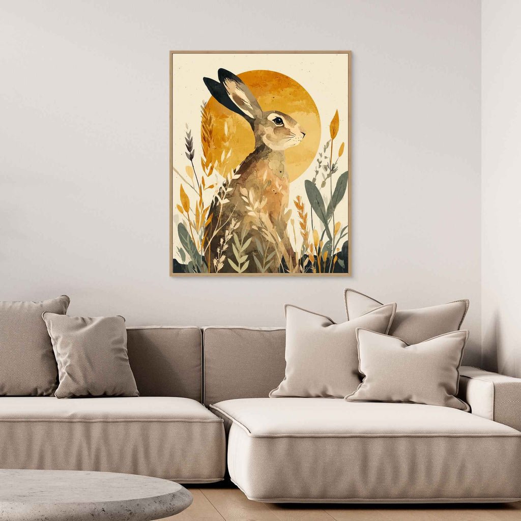 Watercolor Hare Sun Meadow Canvas Print | Nursery - Framed Pop Art