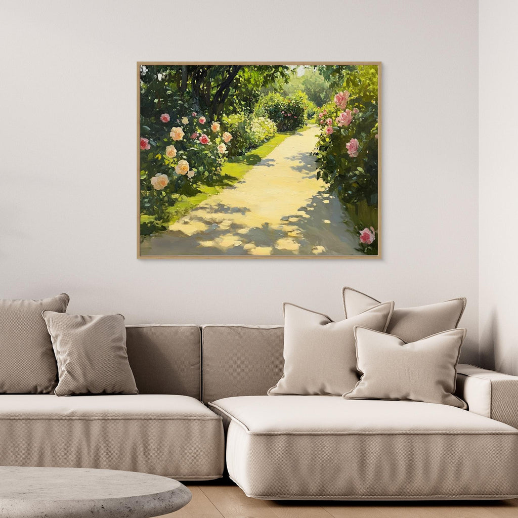 Sunlit Garden Path Canvas Art - Romantic Floral Bedroom Decor - Framed Pop Art
