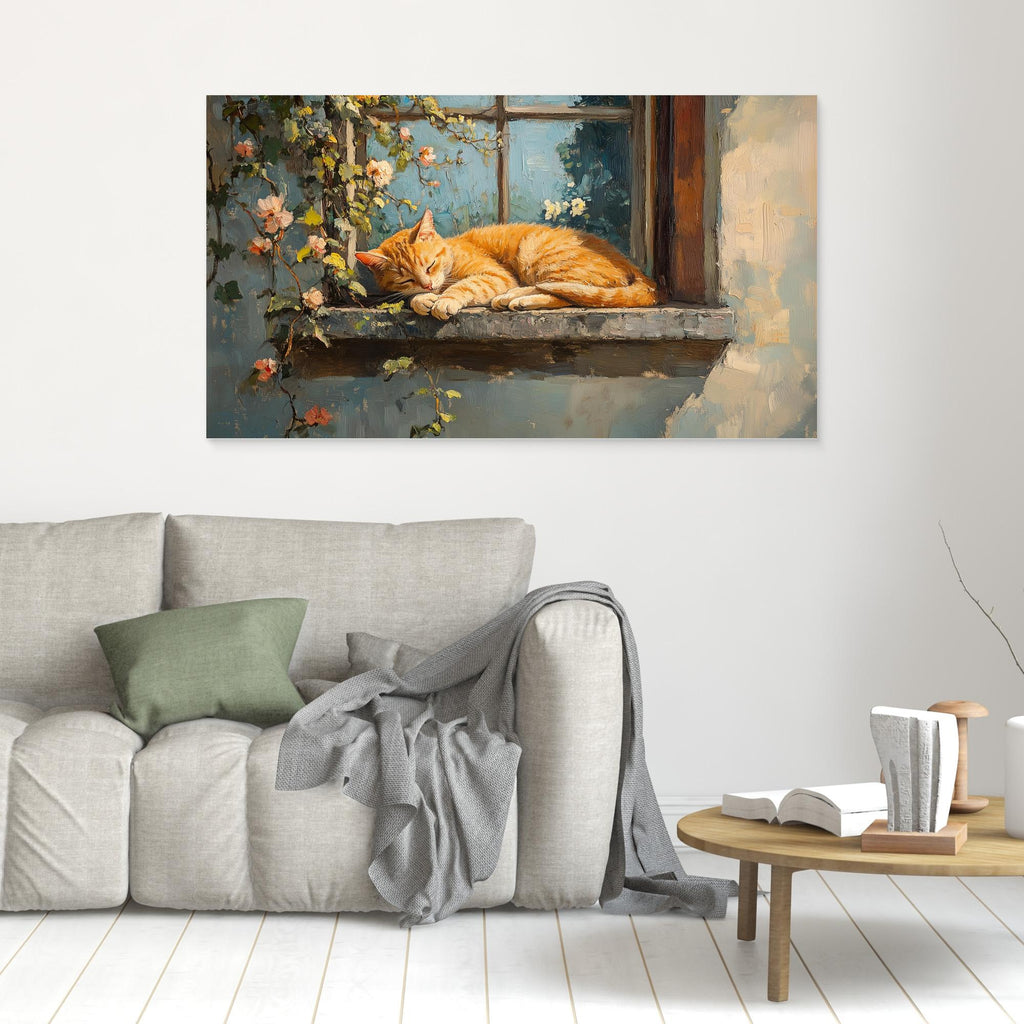 Large Framed Wall Art – Sleeping Ginger Cat Window Scene - Framed Pop Art