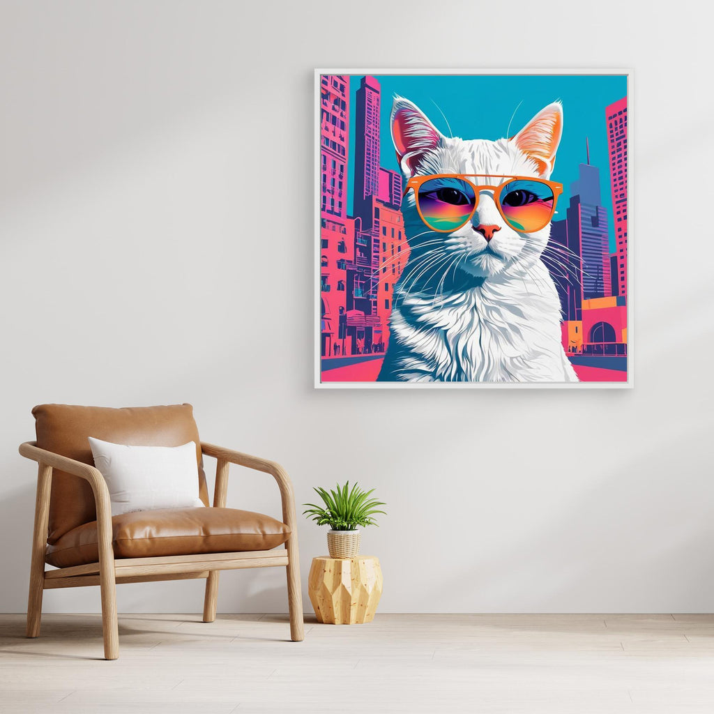 Cool White Cat in Sunglasses City Pop Art Canvas Print - Framed Pop Art