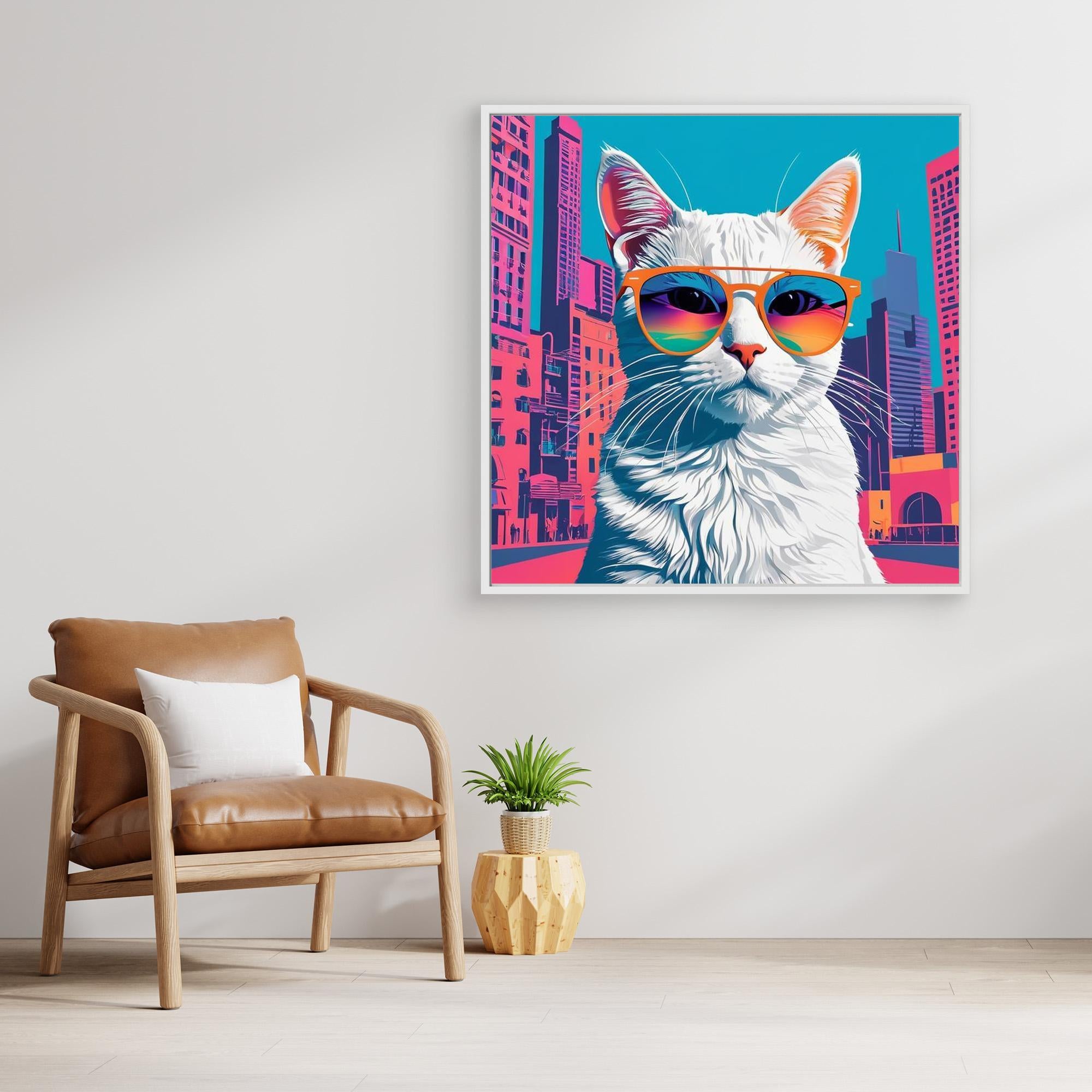 Cool White Cat in Sunglasses City Pop Art Canvas Print - Framed Pop Art