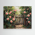 Pink Rose Garden Gate Canvas Wall Art | Floral Oil Painting - Framed Pop Art