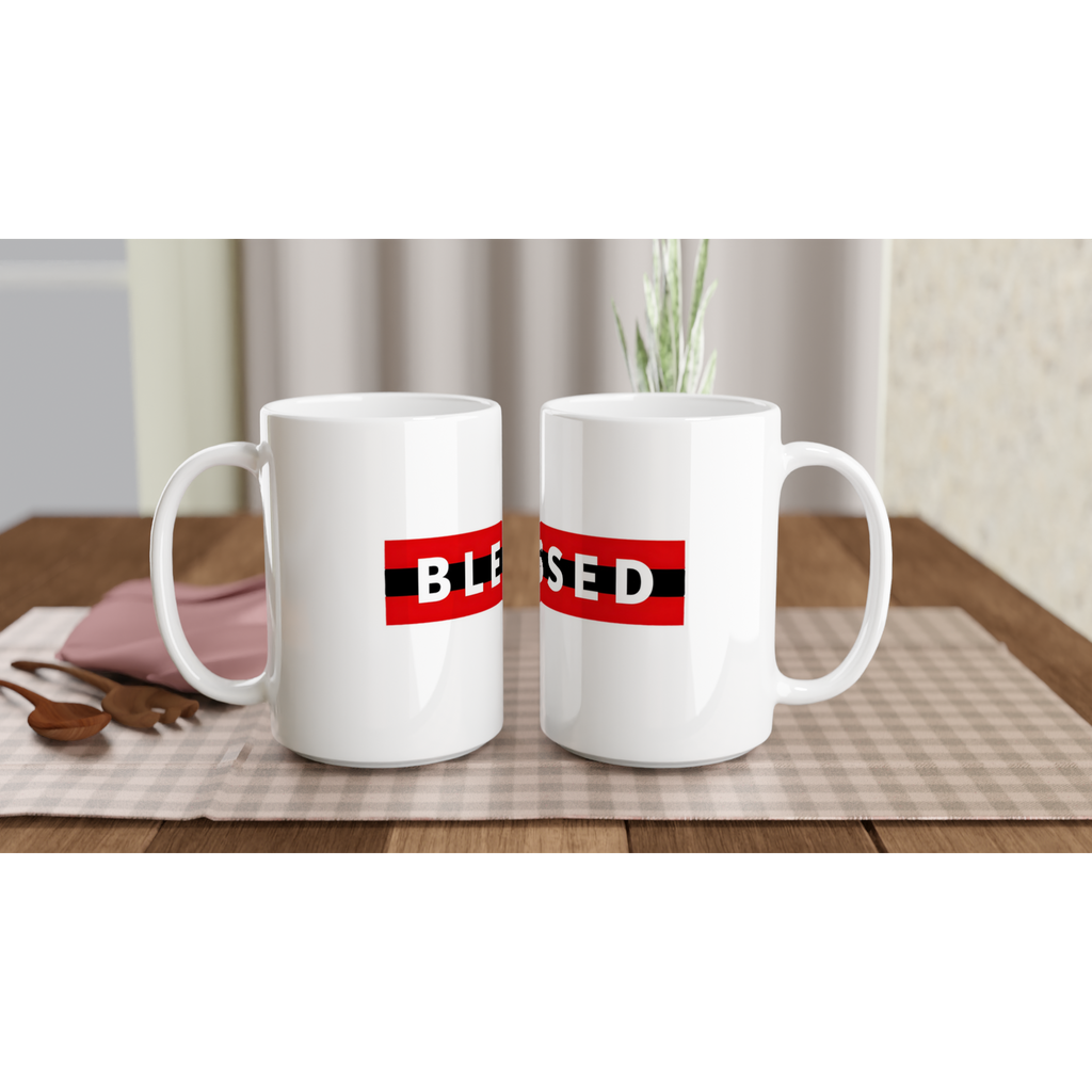 Blessed Ceramic Coffee Mug | 15oz Red & Black Stripe Design - Framed Pop Art