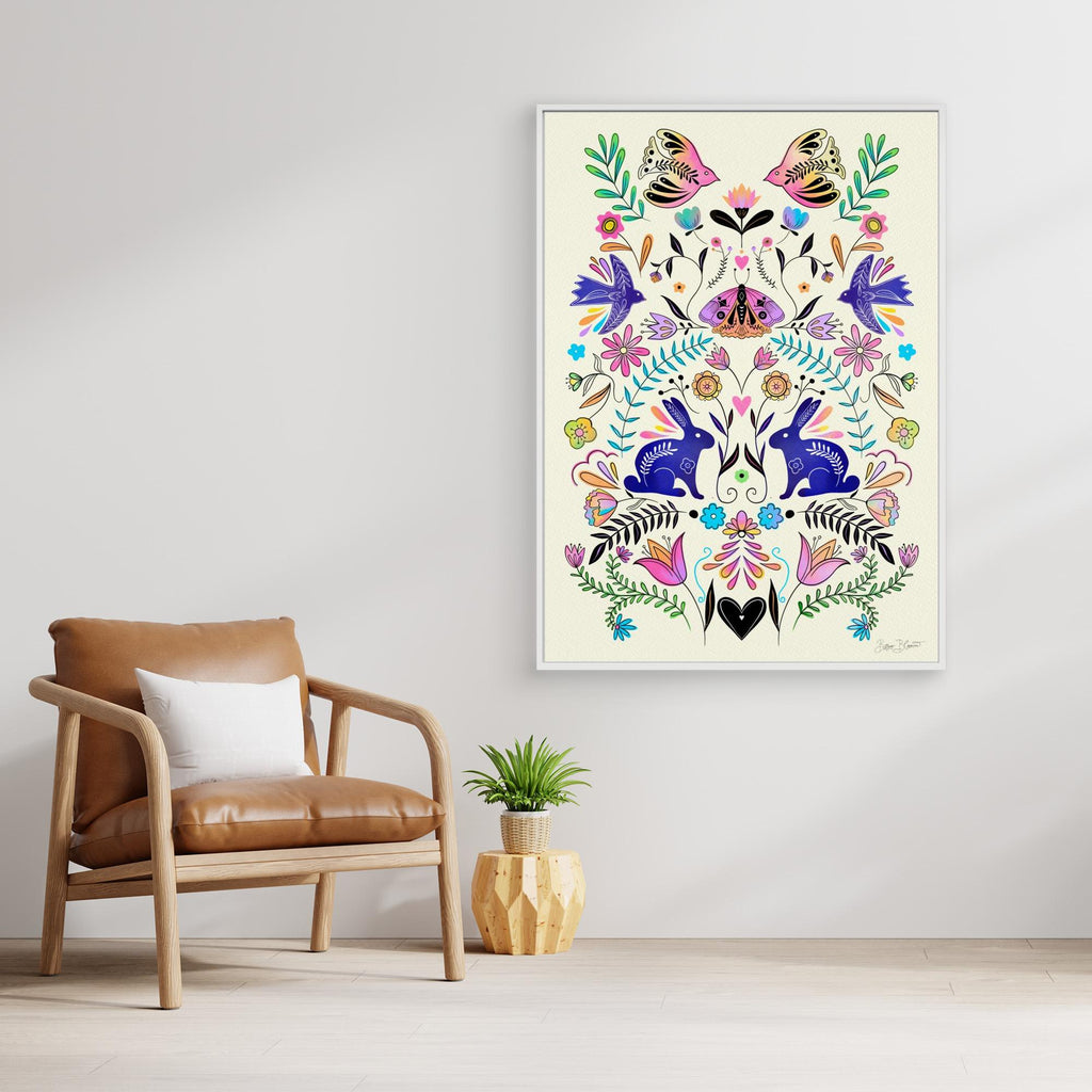 Hallway Wall Art – Folk Art Rabbits & Botanical Canvas Print - Framed Pop Art