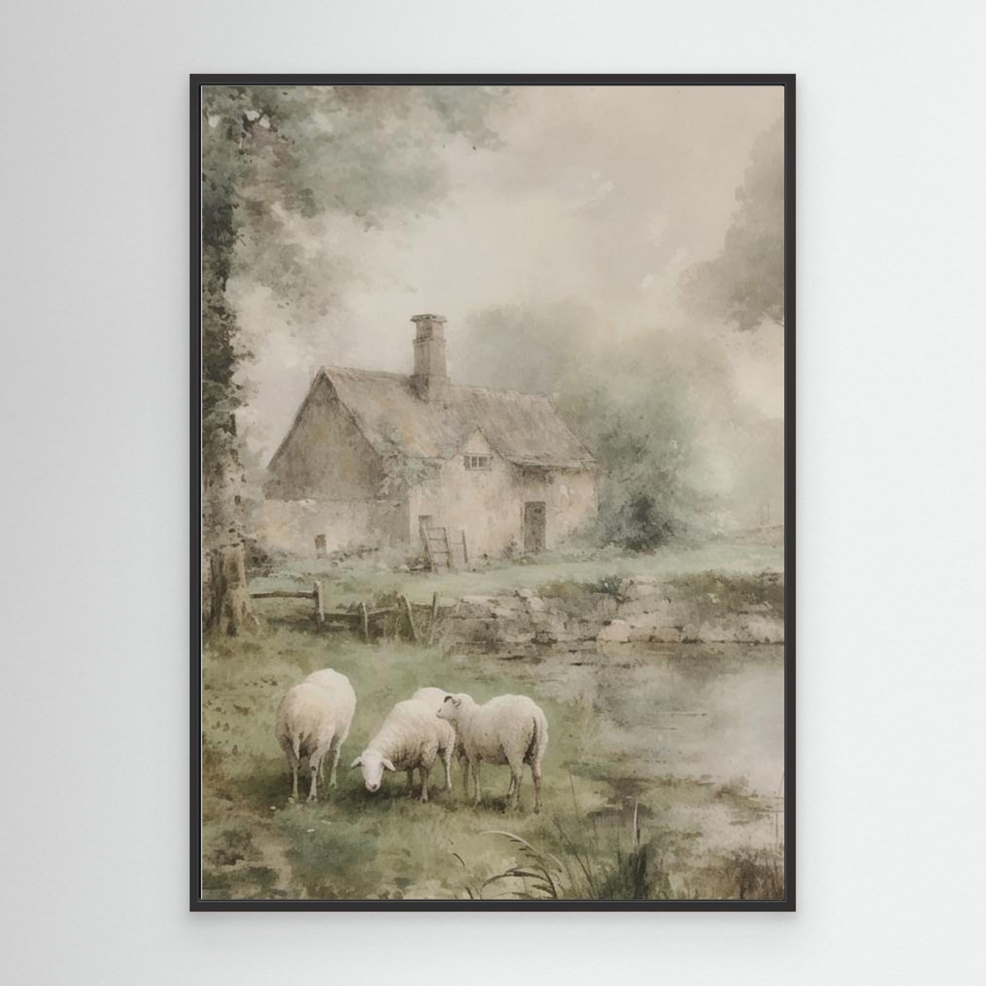 Sheep & Country Cottage Watercolour | Farmhouse Hallway Art - Framed Pop Art