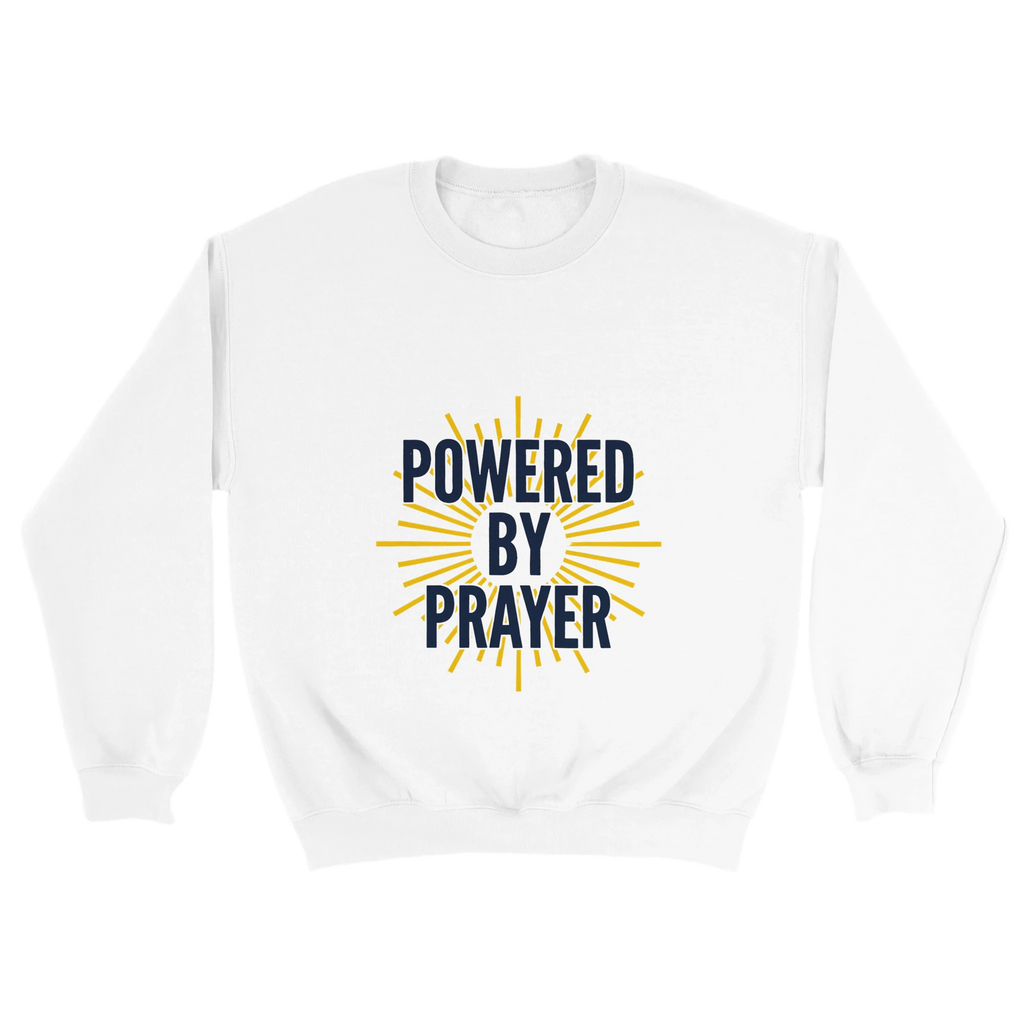 Powered by Prayer White Sweatshirt | Gildan® 18000 - Framed Pop Art