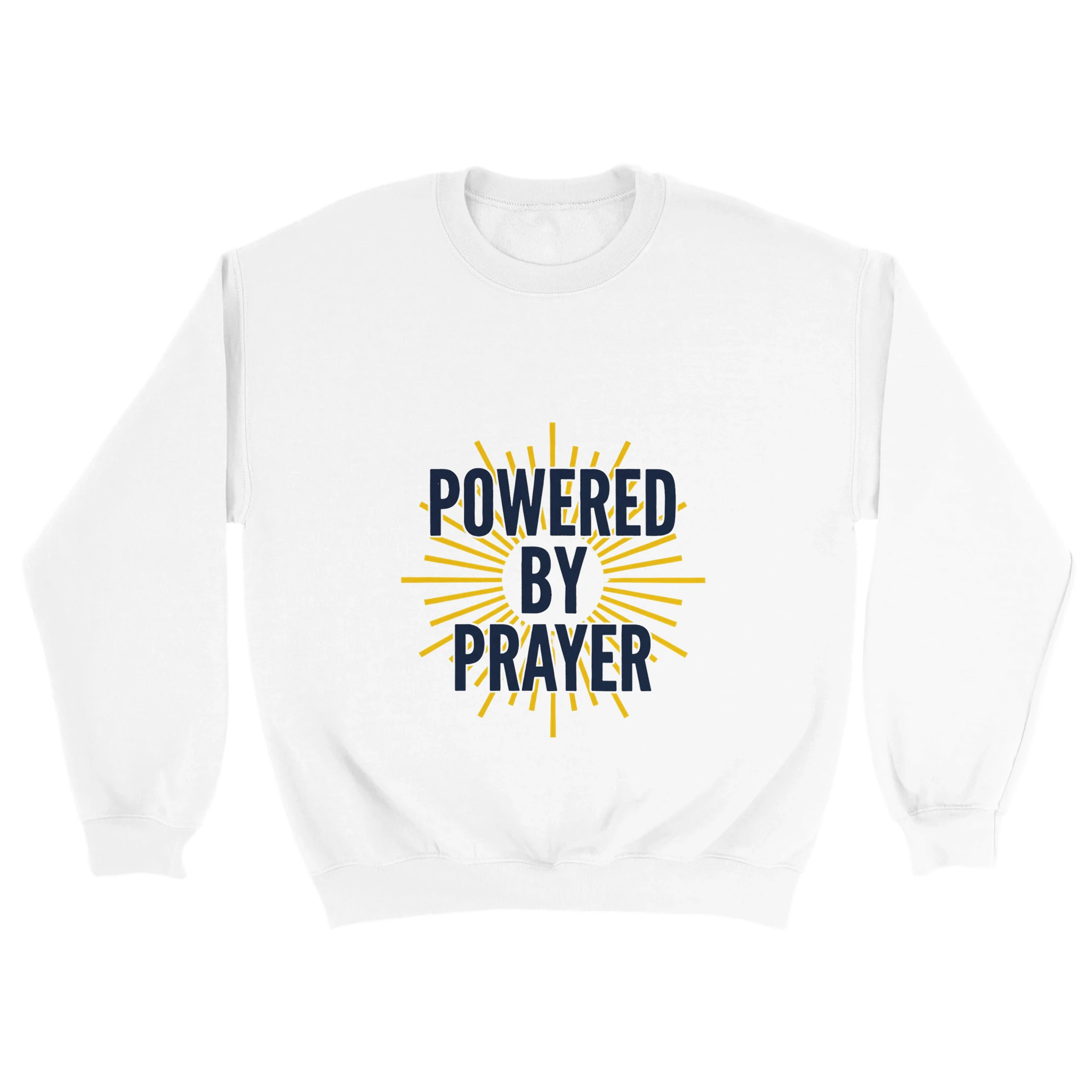 Powered by Prayer White Sweatshirt | Gildan® 18000 - Framed Pop Art