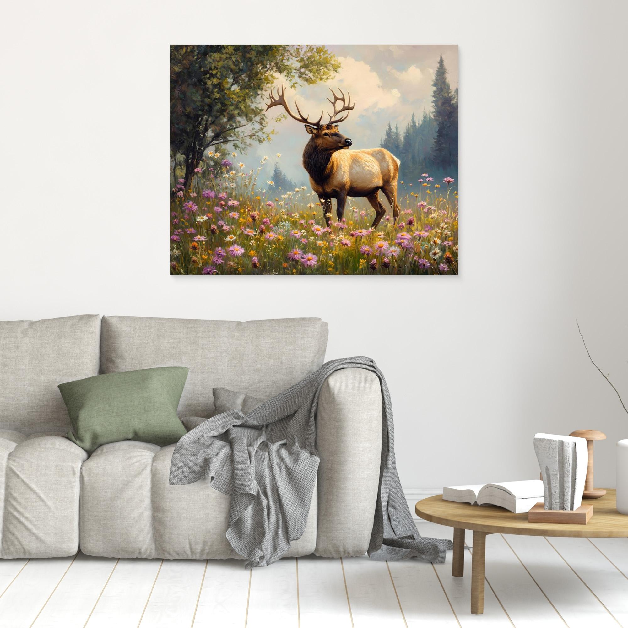 Majestic Elk in Wildflower Meadow Canvas Wall Art - Framed Pop Art