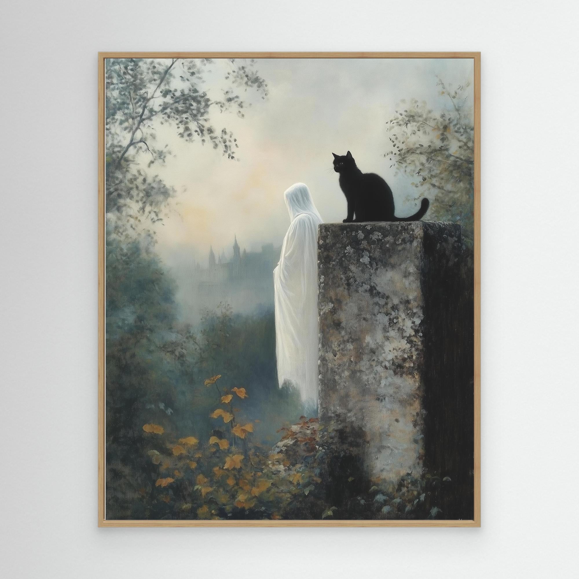 Gothic Wall Art for Hallway – Black Cat & Ghost Canvas - Framed Pop Art