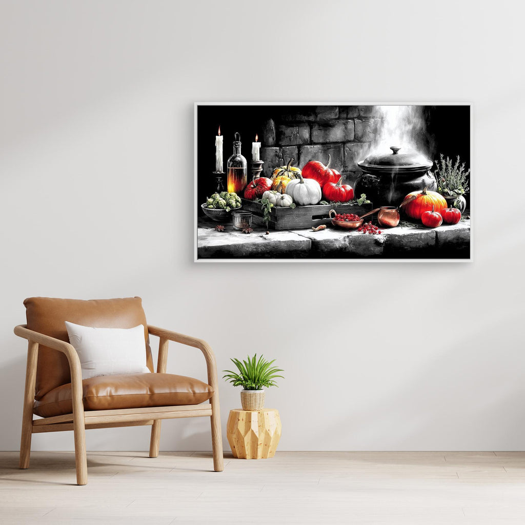 Witchy Harvest Cauldron & Pumpkin Canvas Art Print - Framed Pop Art