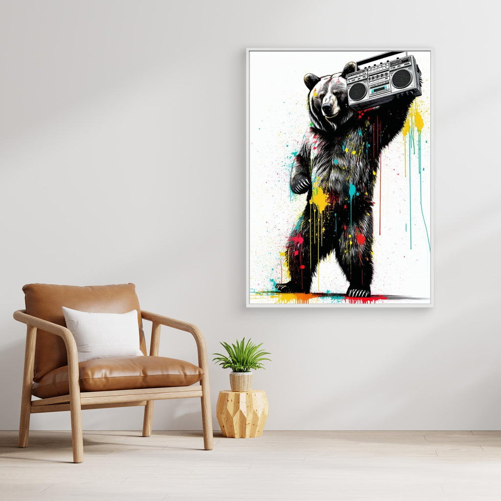 Grizzly Bear Boombox Canvas Art | Retro Urban Wall Decor - Framed Pop Art