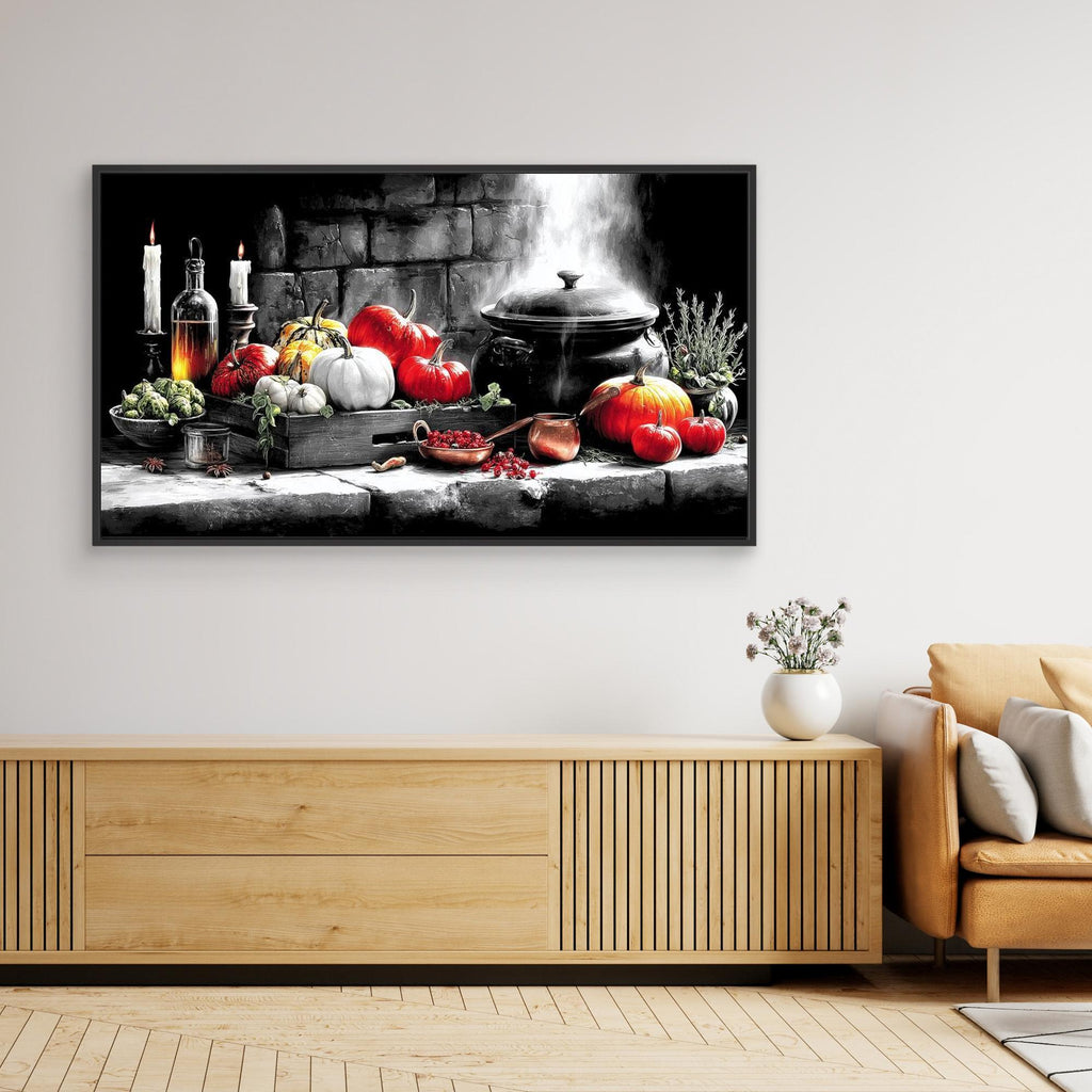 Witchy Harvest Cauldron & Pumpkin Canvas Art Print - Framed Pop Art