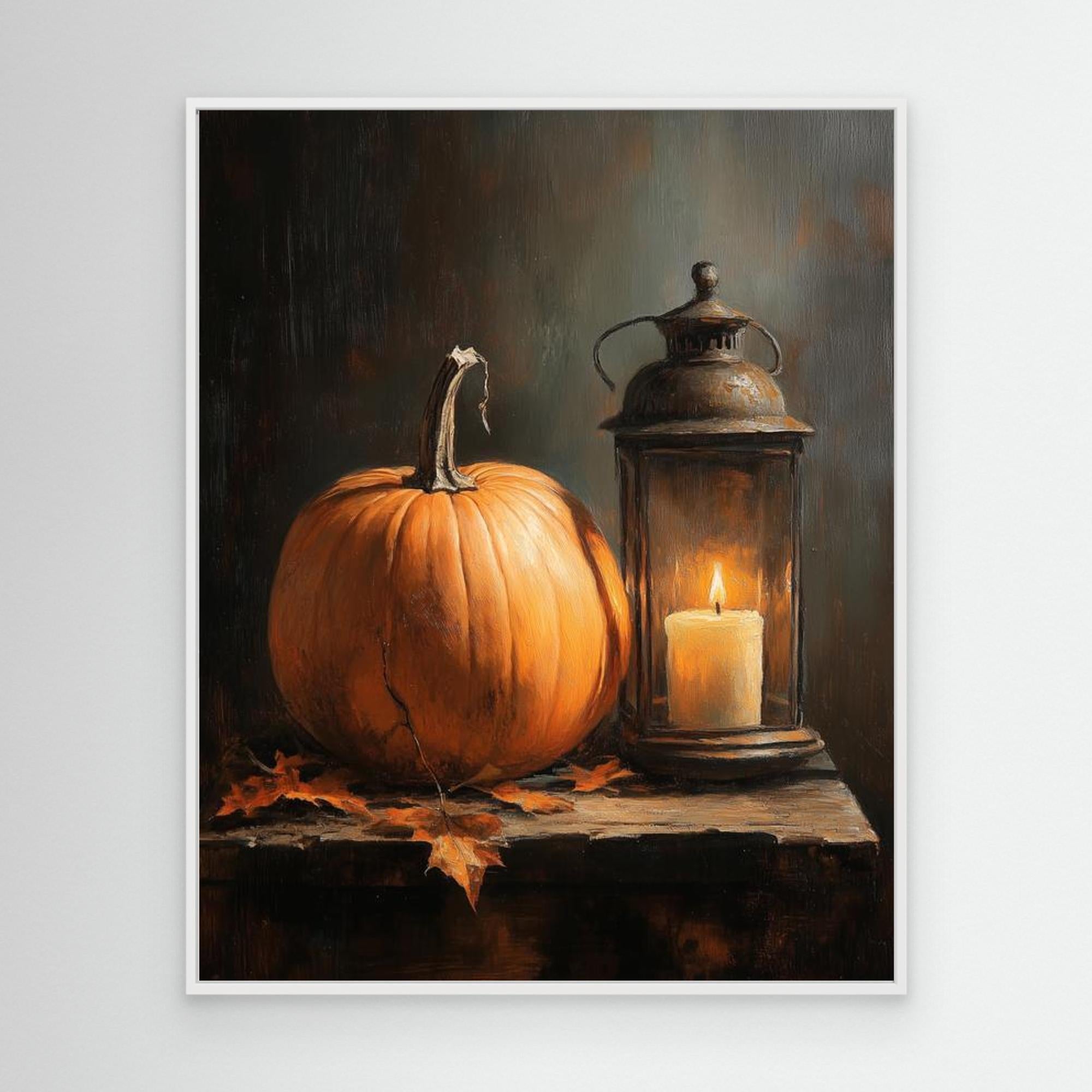 Rustic Autumn Pumpkin & Lantern Canvas Wall Art - Framed Pop Art