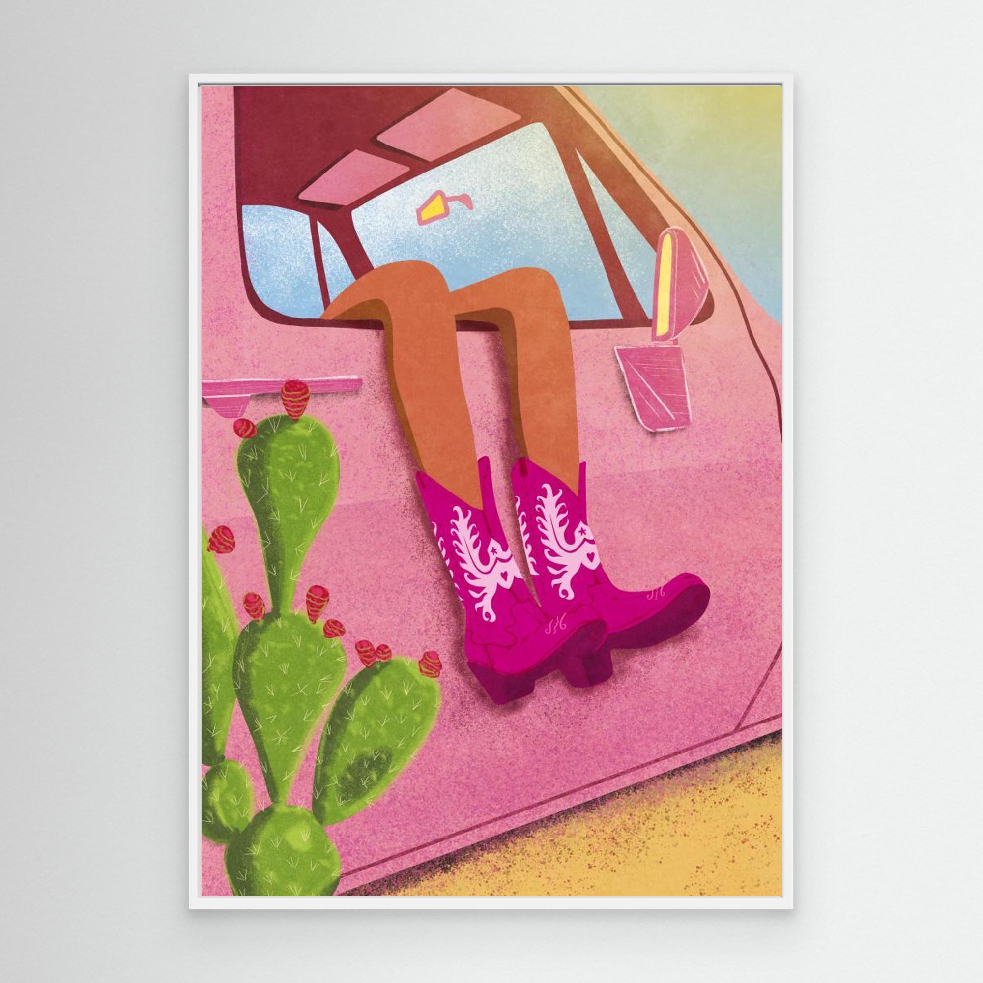 Pink Western Boots Car Art | Funky Boho Bedroom Wall Decor - Framed Pop Art