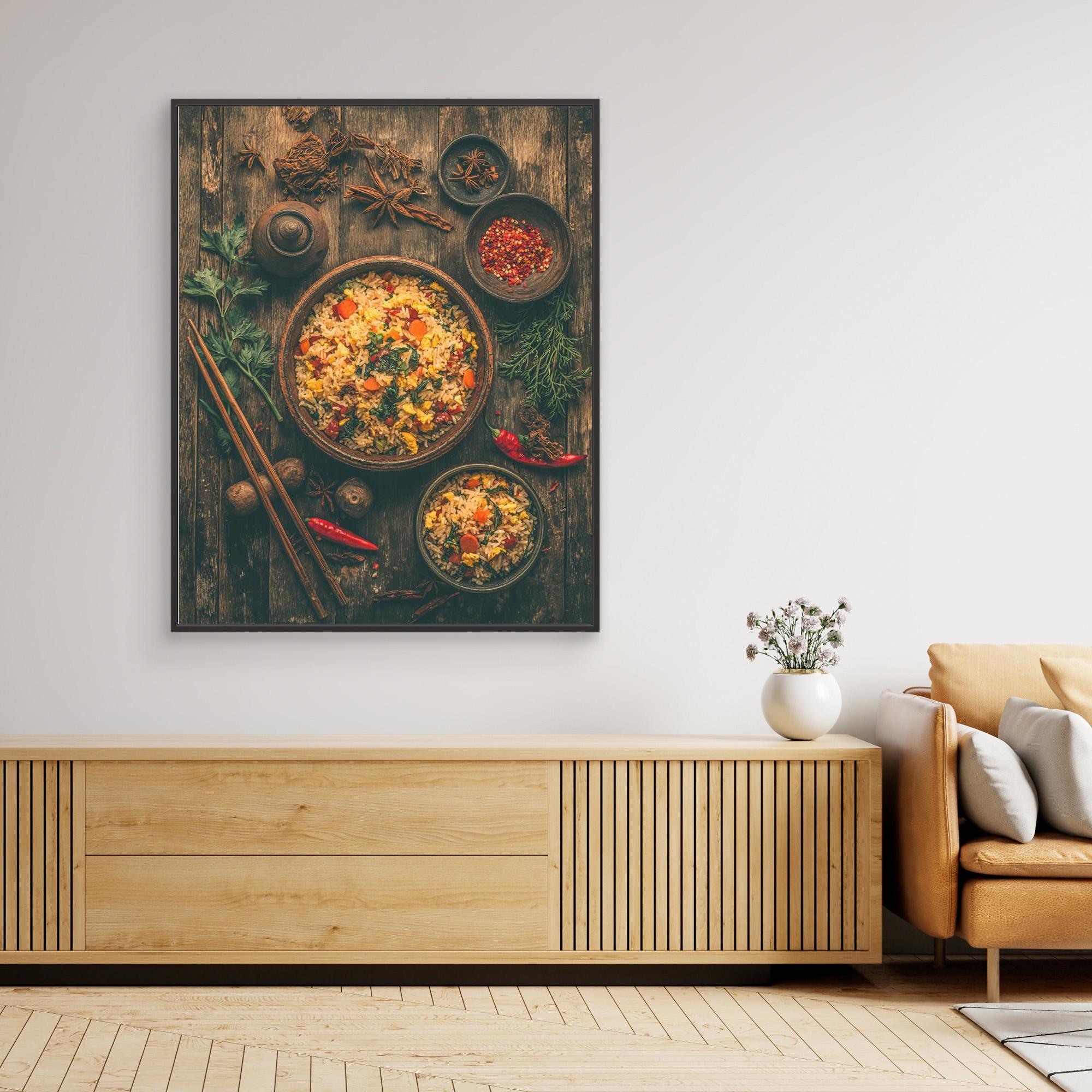 Rustic Fried Rice Bowl Asian Kitchen Canvas Wall Art - Framed Pop Art