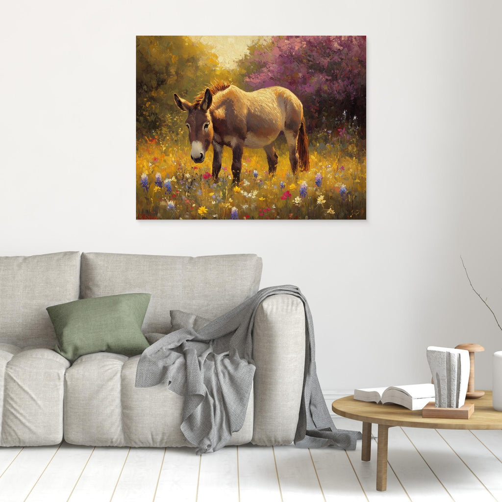 Donkey in Wildflower Meadow Canvas Wall Art | Country Decor - Framed Pop Art