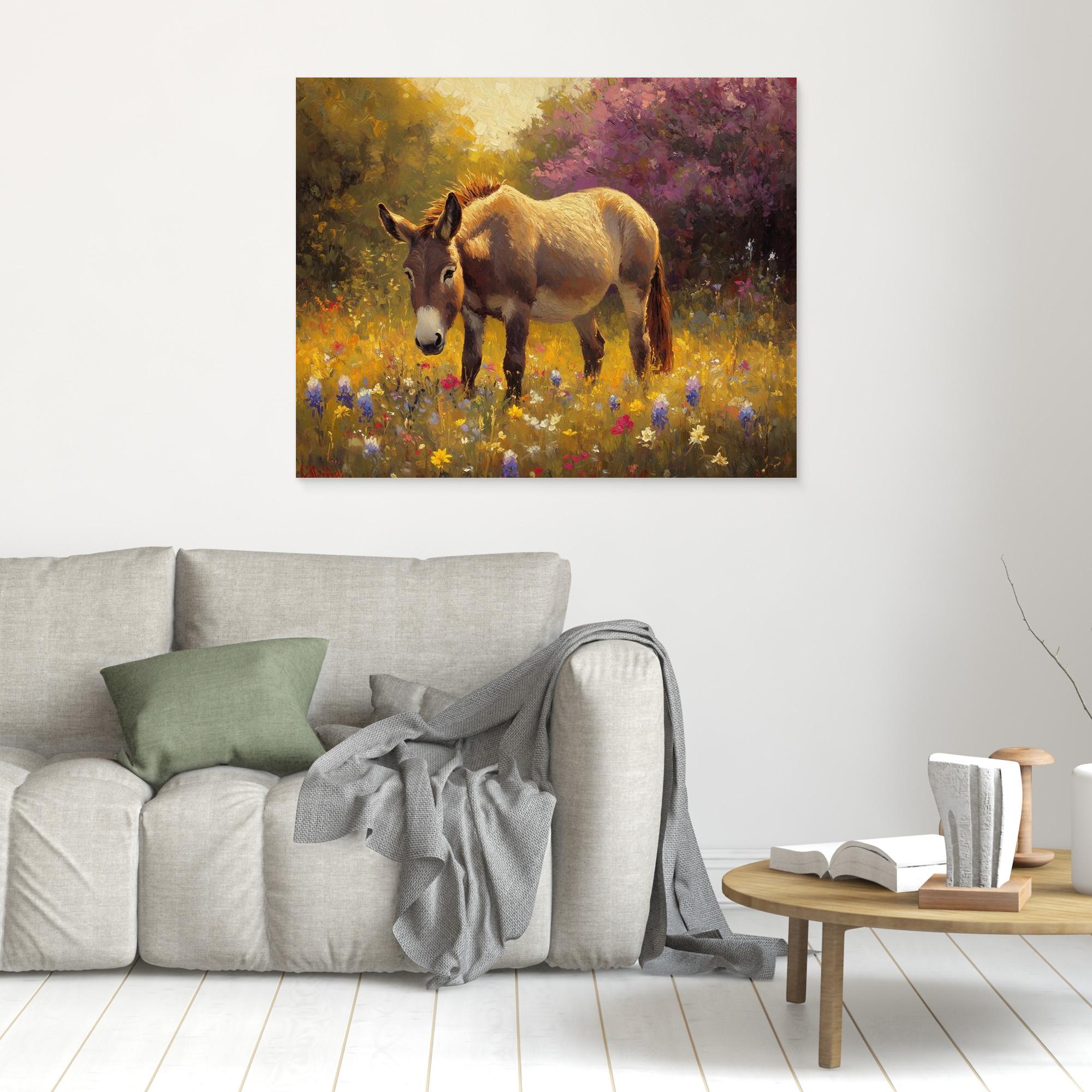Donkey in Wildflower Meadow Canvas Wall Art | Country Decor - Framed Pop Art