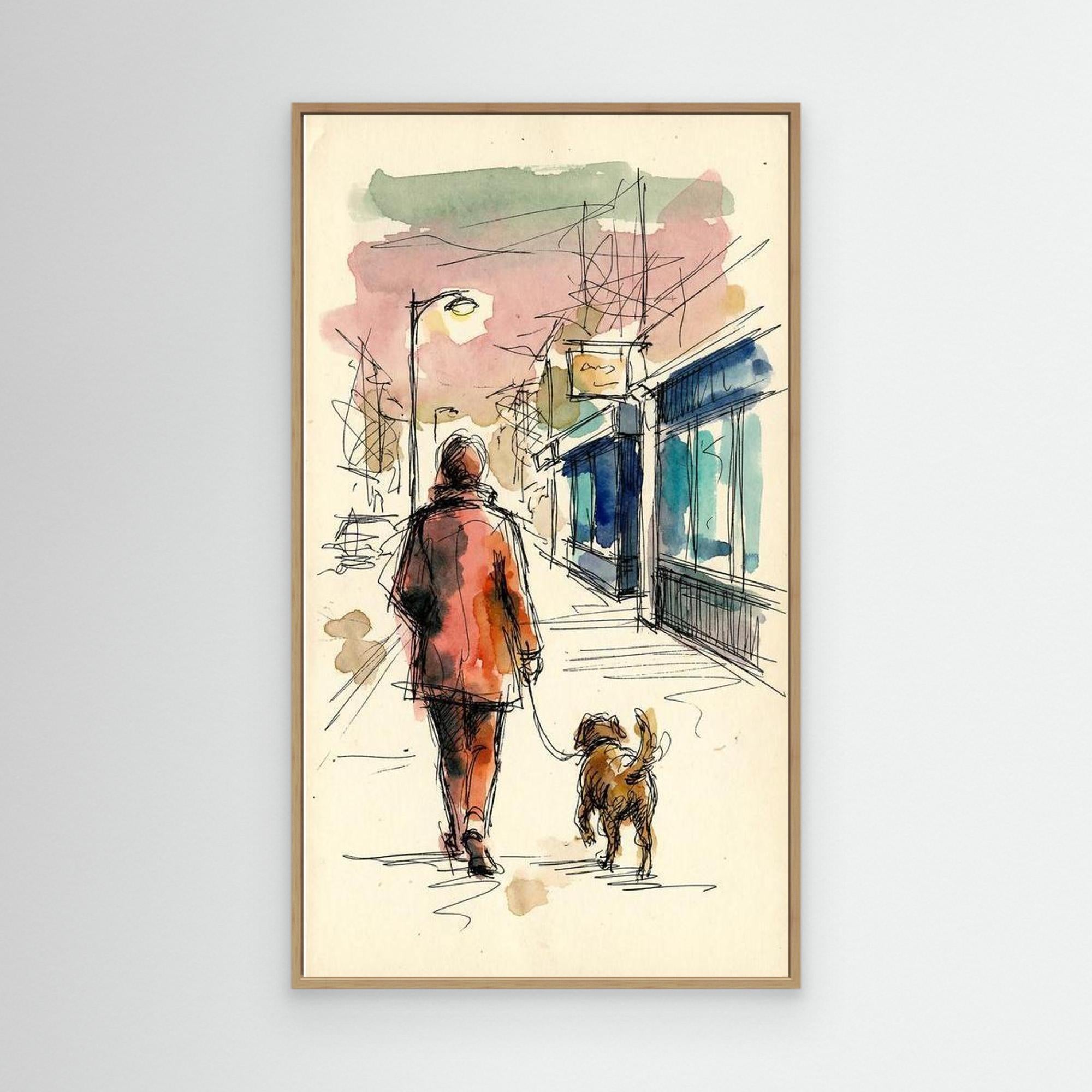 City Stroll Dog Walker Art | Framed Sketch Style Print - Framed Pop Art