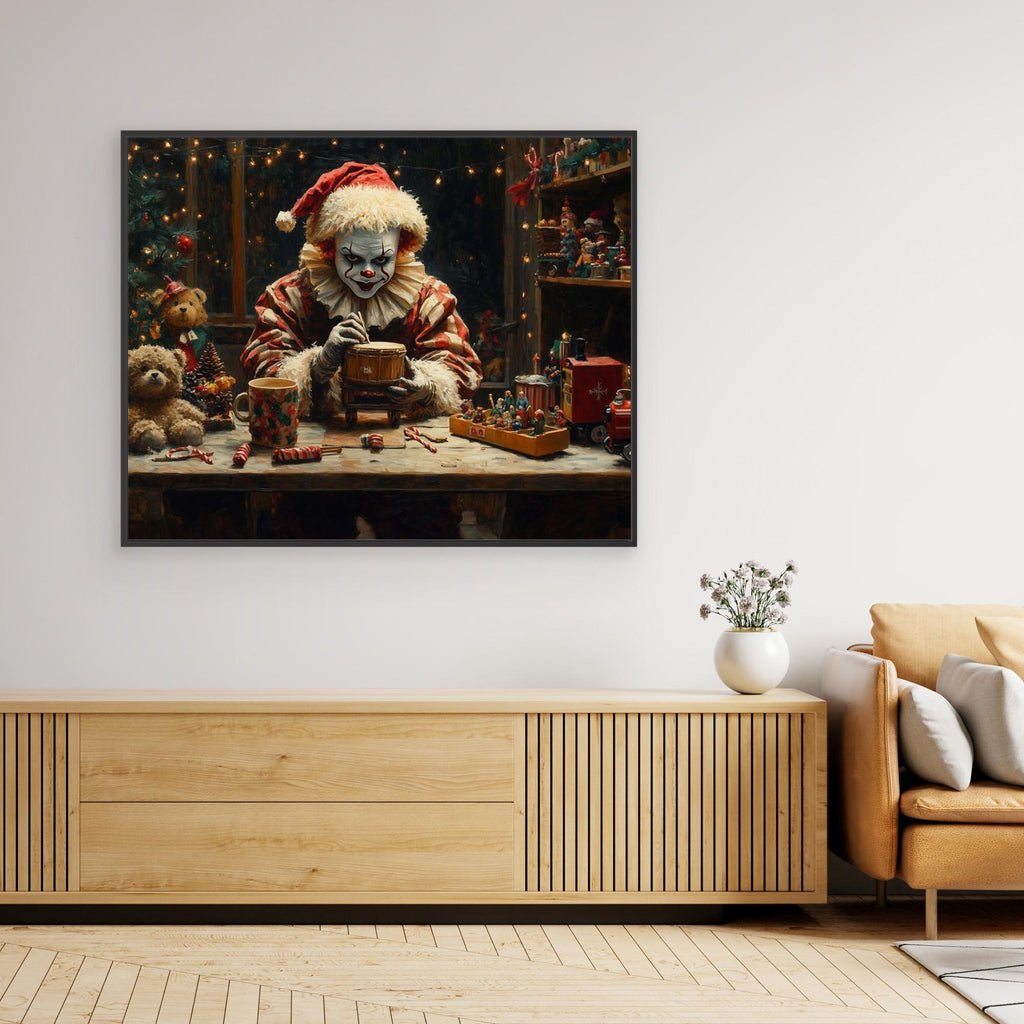 Creepy Christmas Clown Toy Workshop Canvas Print - Framed Pop Art
