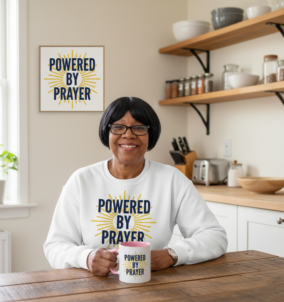 Powered by Prayer White Sweatshirt | Gildan® 18000 - Framed Pop Art