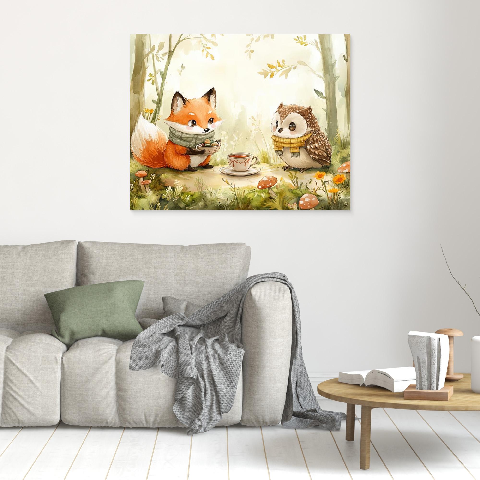Fox and Owl Tea Party Woodland Wall Art | Nursery Decor - Framed Pop Art