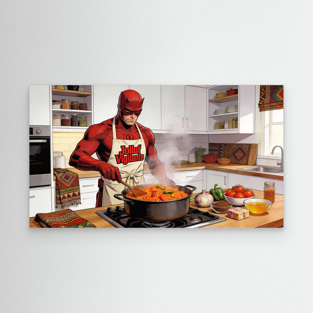 Kitchen Canvas Wall Art – Funny Jollof Vigilante Print - Framed Pop Art