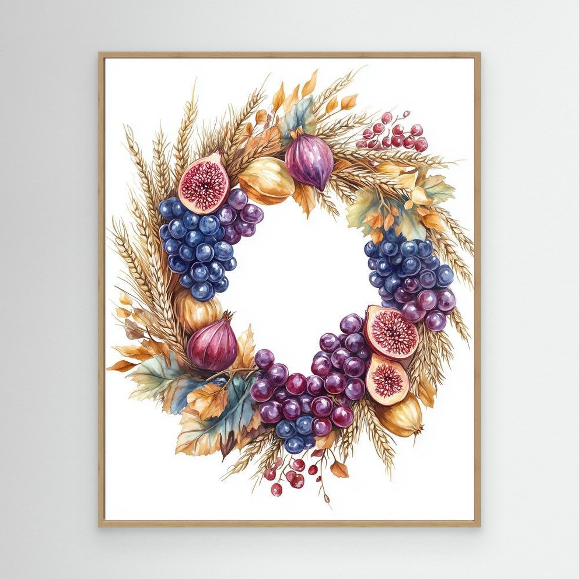 Autumn Harvest Wreath Art Print | Fig & Grape Wall Decor