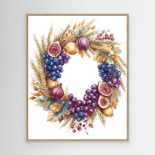 Autumn Harvest Wreath Art Print | Fig & Grape Wall Decor - Framed Pop Art