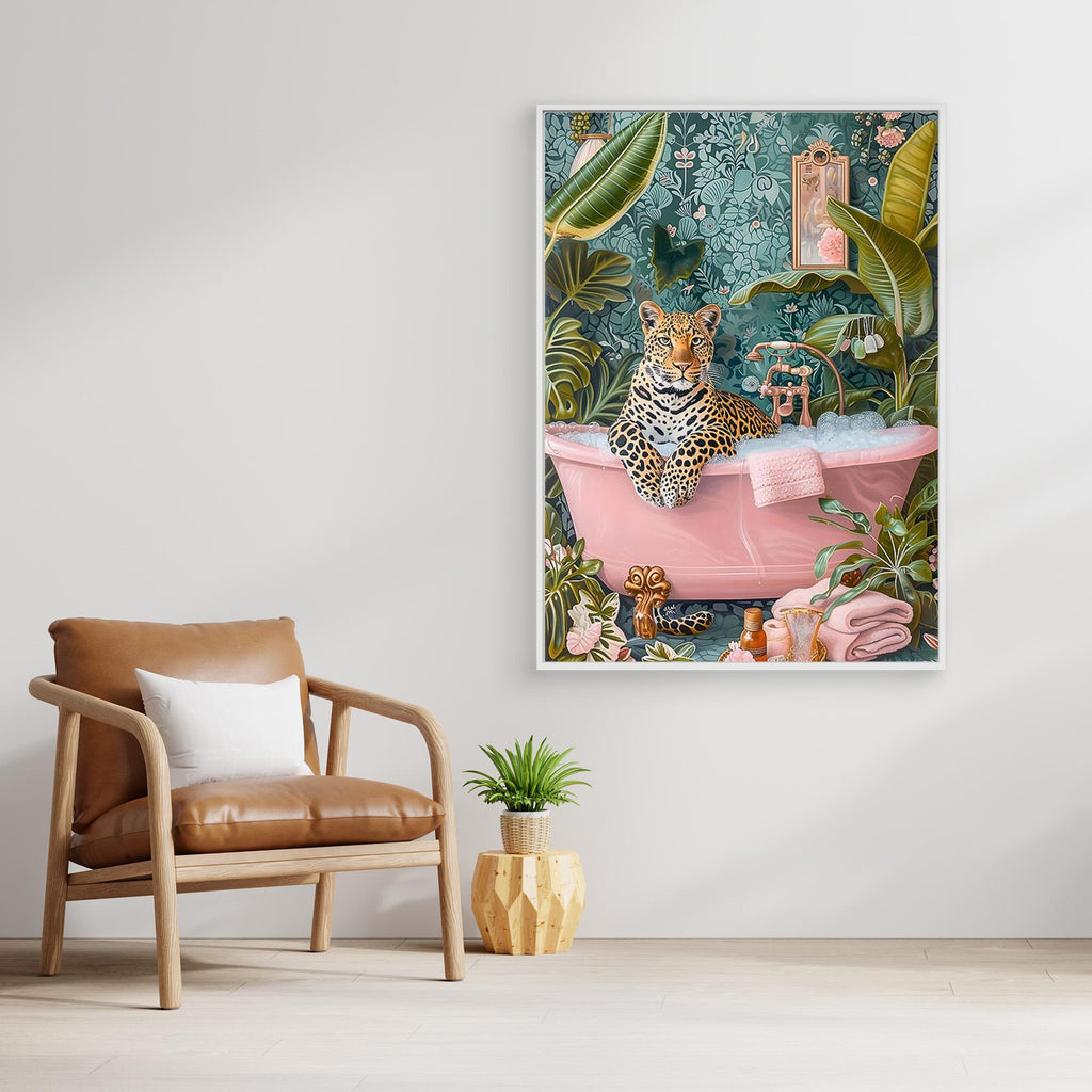 Leopard in Bathtub Wall Art for Bathroom Decor Print - Framed Pop Art